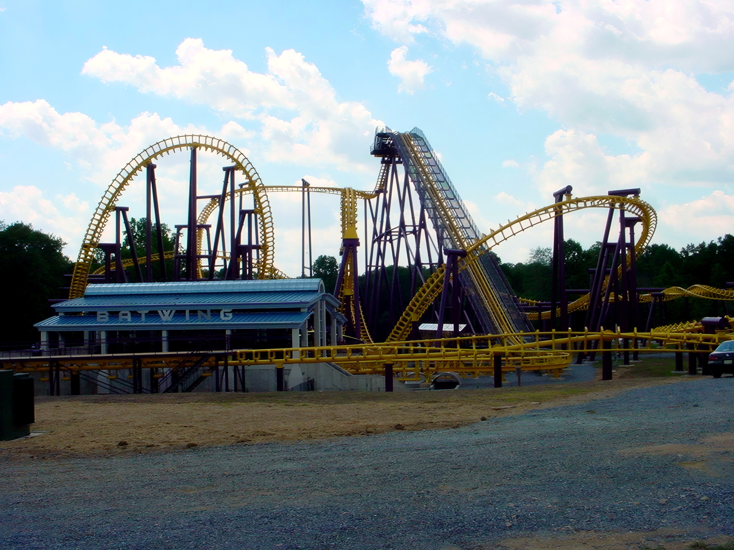 The Batwing station with the purple supports and lift hill behind it at Six Flags America, July 2001