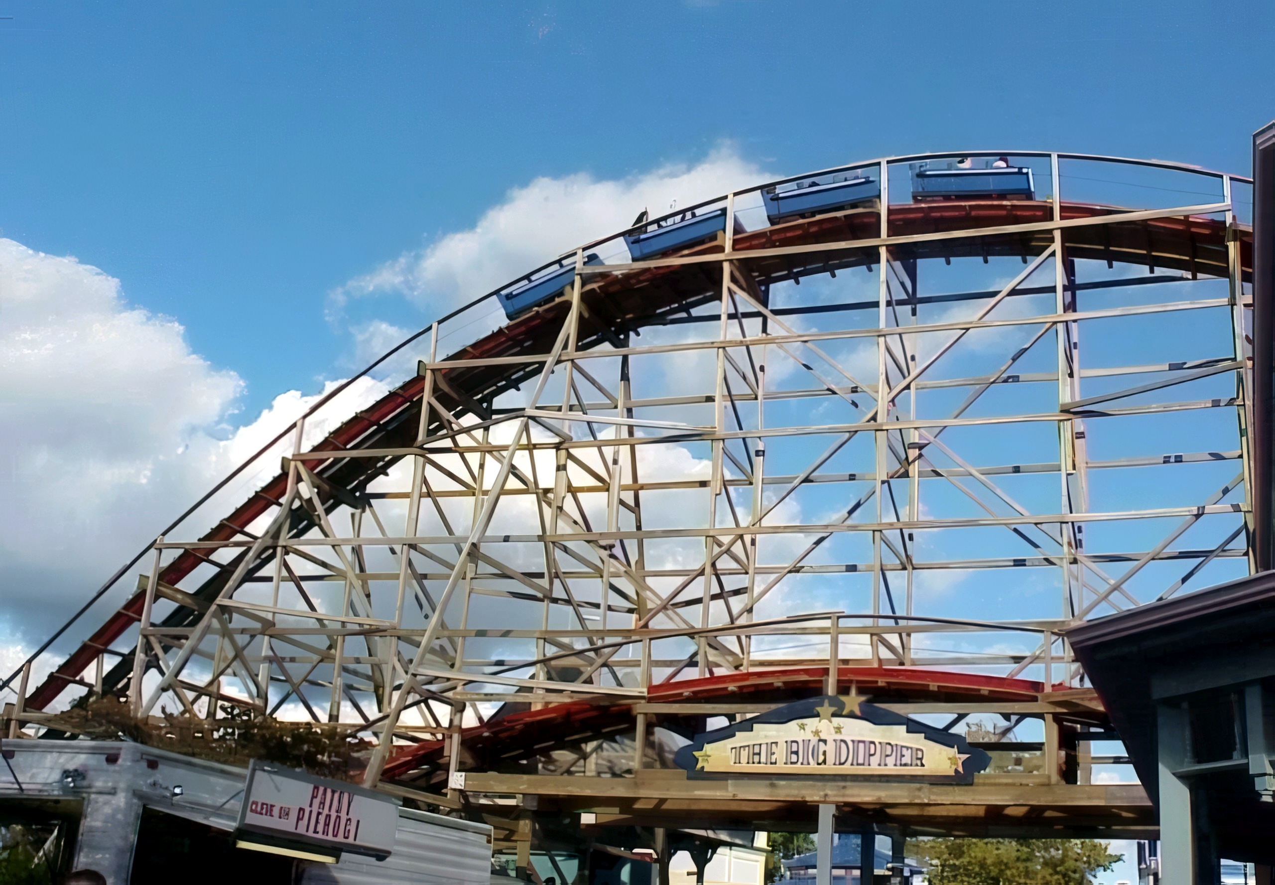 The Big Dipper station sign beneath the wooden structure at Geauga Lake, May 2000