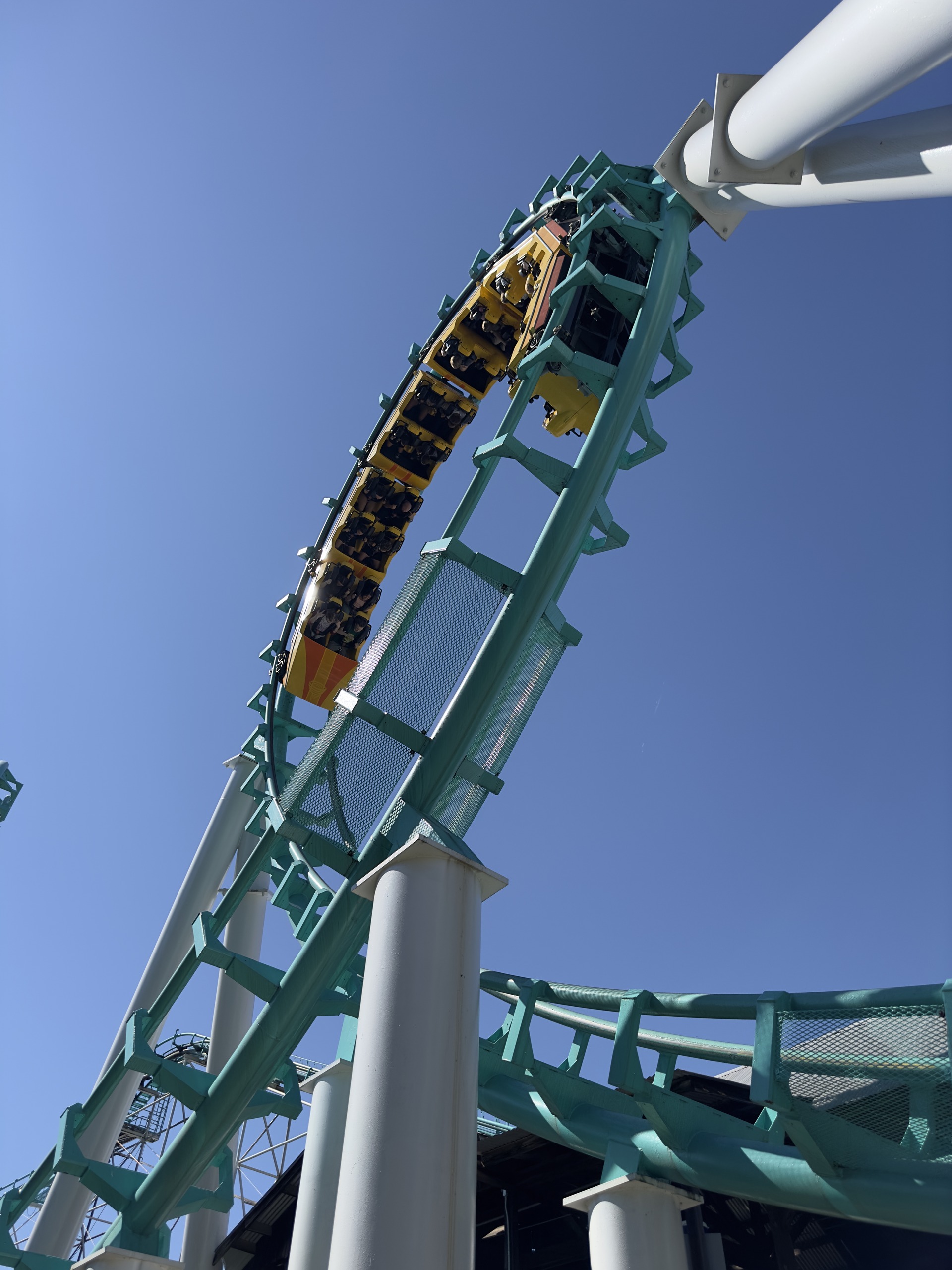 A yellow Carolina Cyclone train passing directly overhead on teal track, Carowinds, October 2024