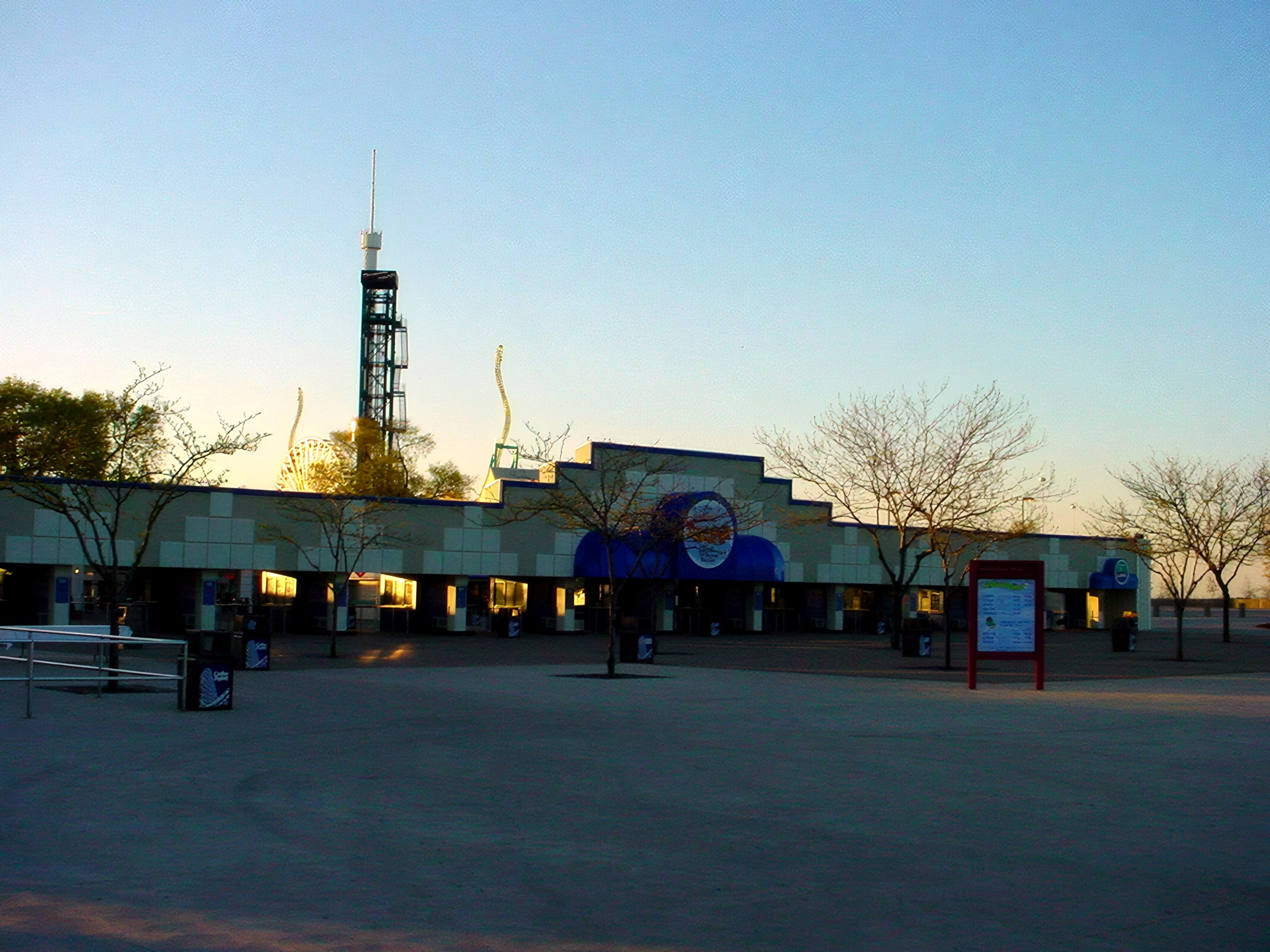 The main entrance plaza with the Space Spiral tower behind at Cedar Point, May 2002
