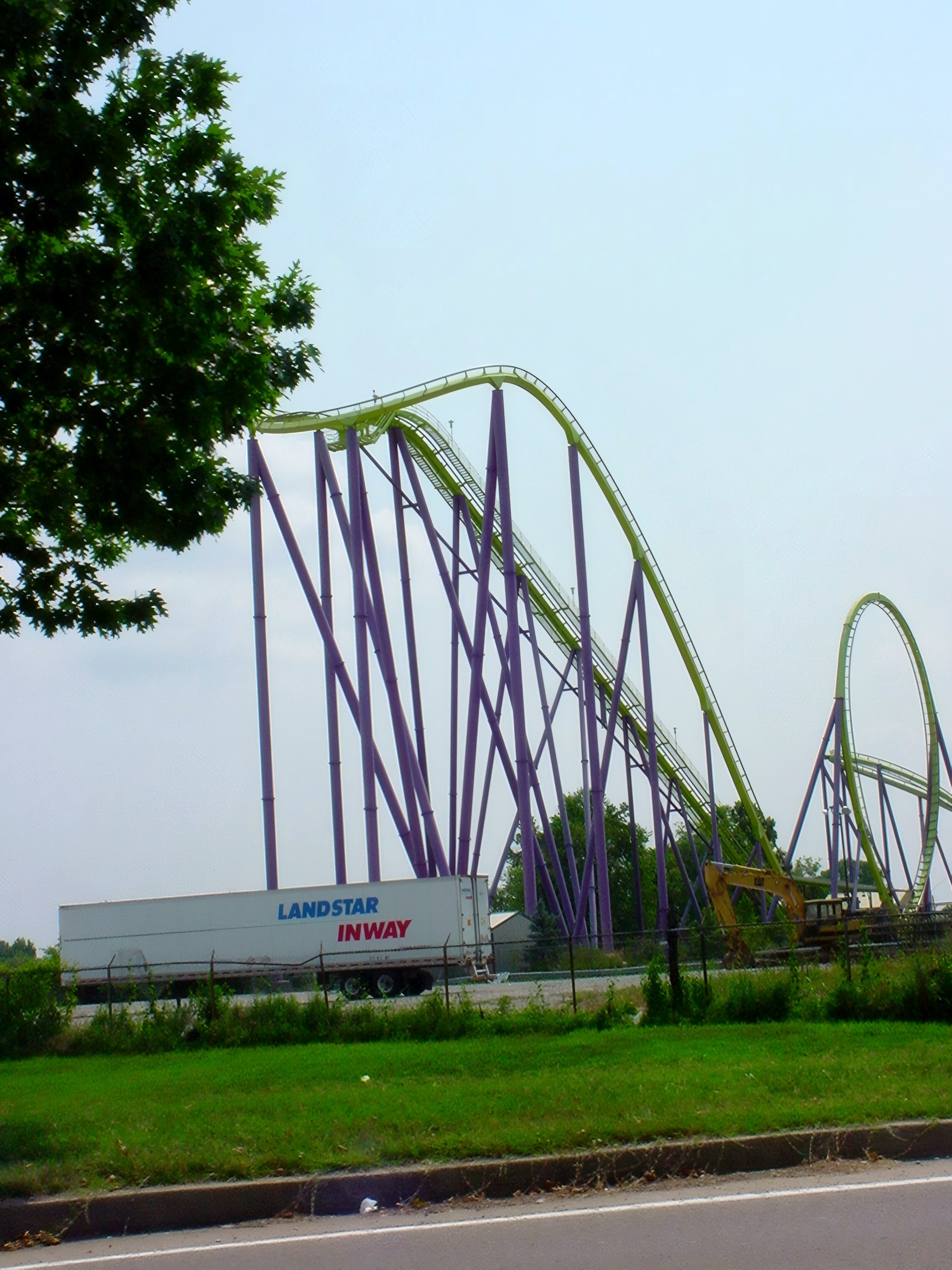 Coaster lift hill and drop, purple lattice supports, roadside, Chang, July 2002