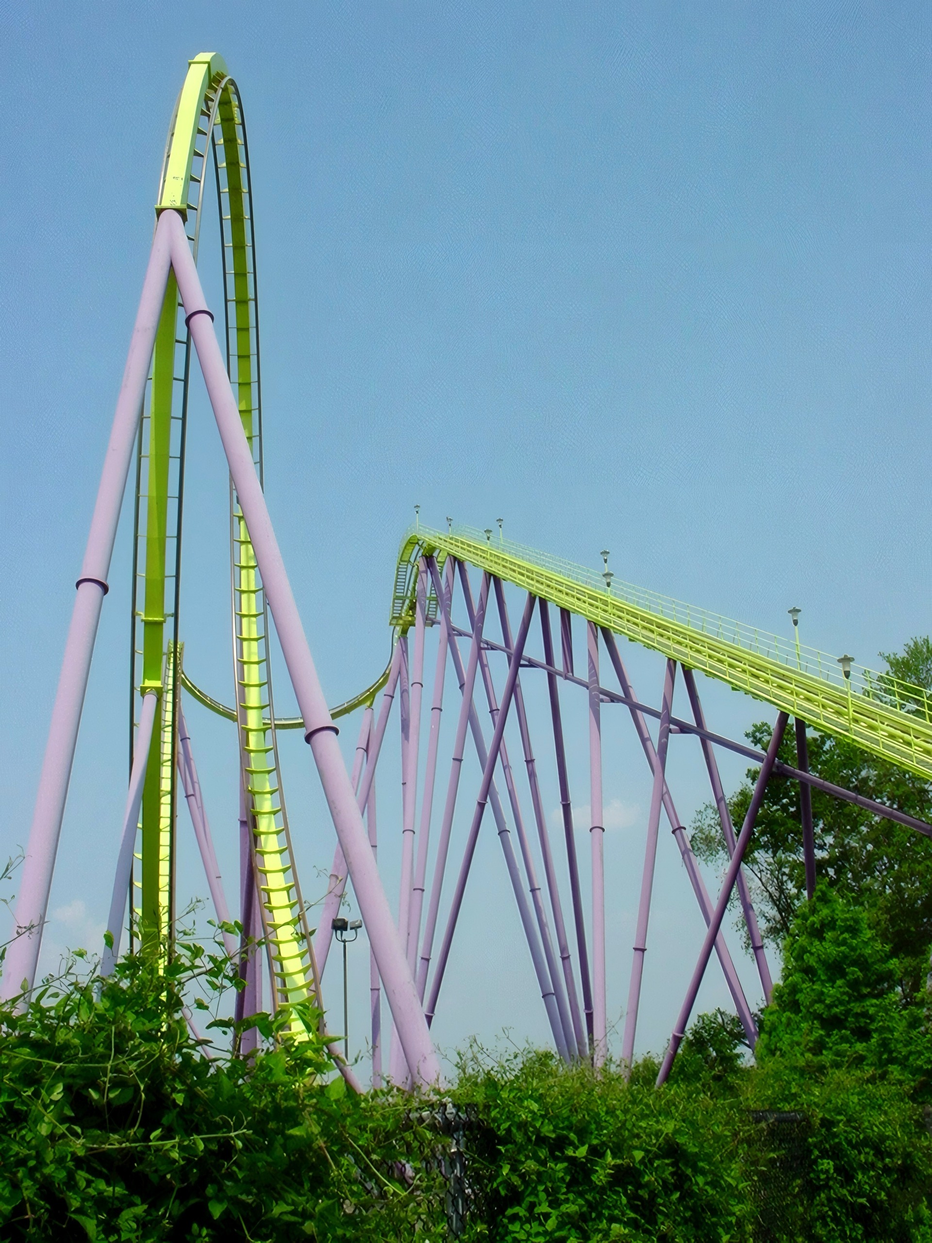 Upward view of purple support structure and green overbank loop, Chang, July 2002