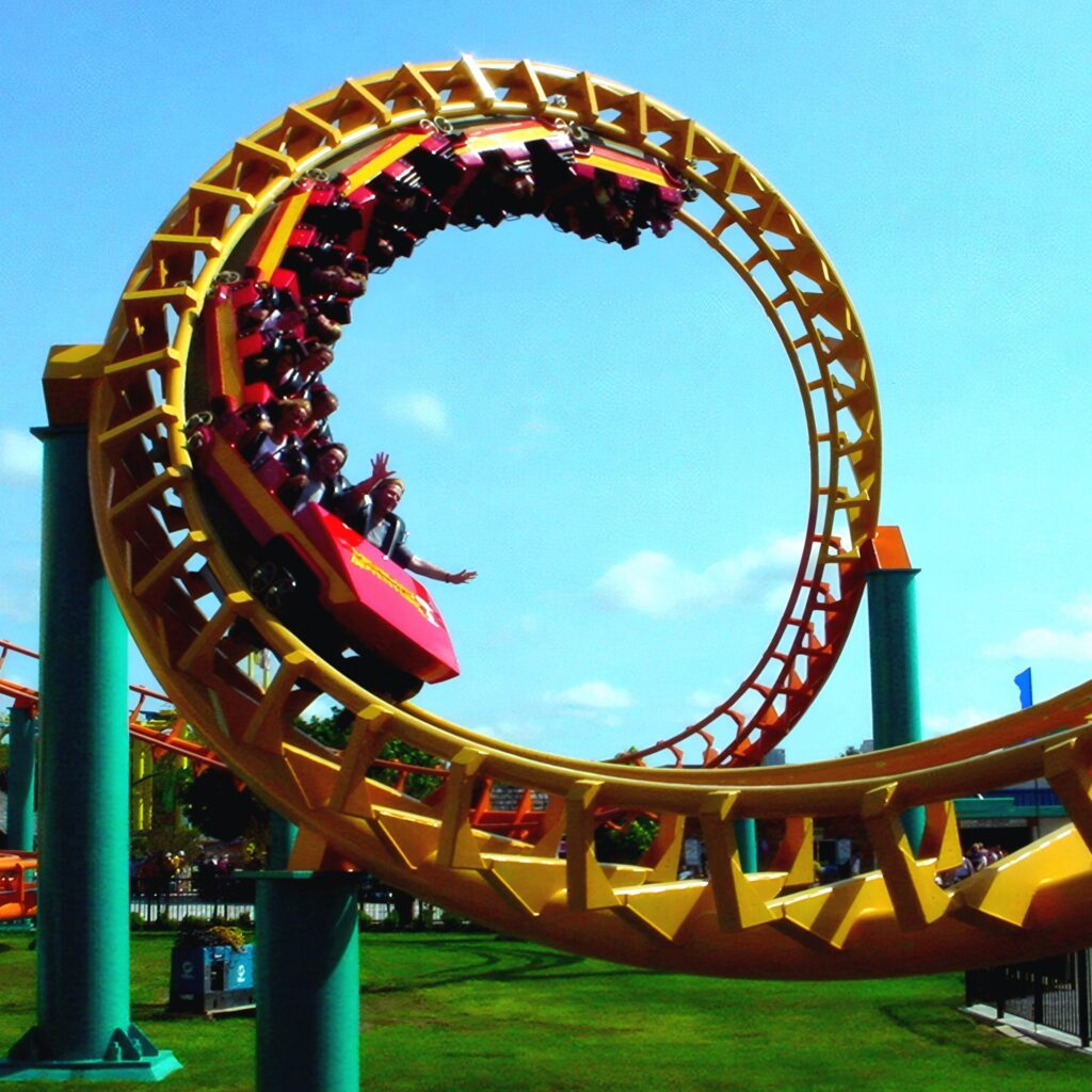 Riders inside Corkscrew's vertical loop, Michigan's Adventure, June 2002