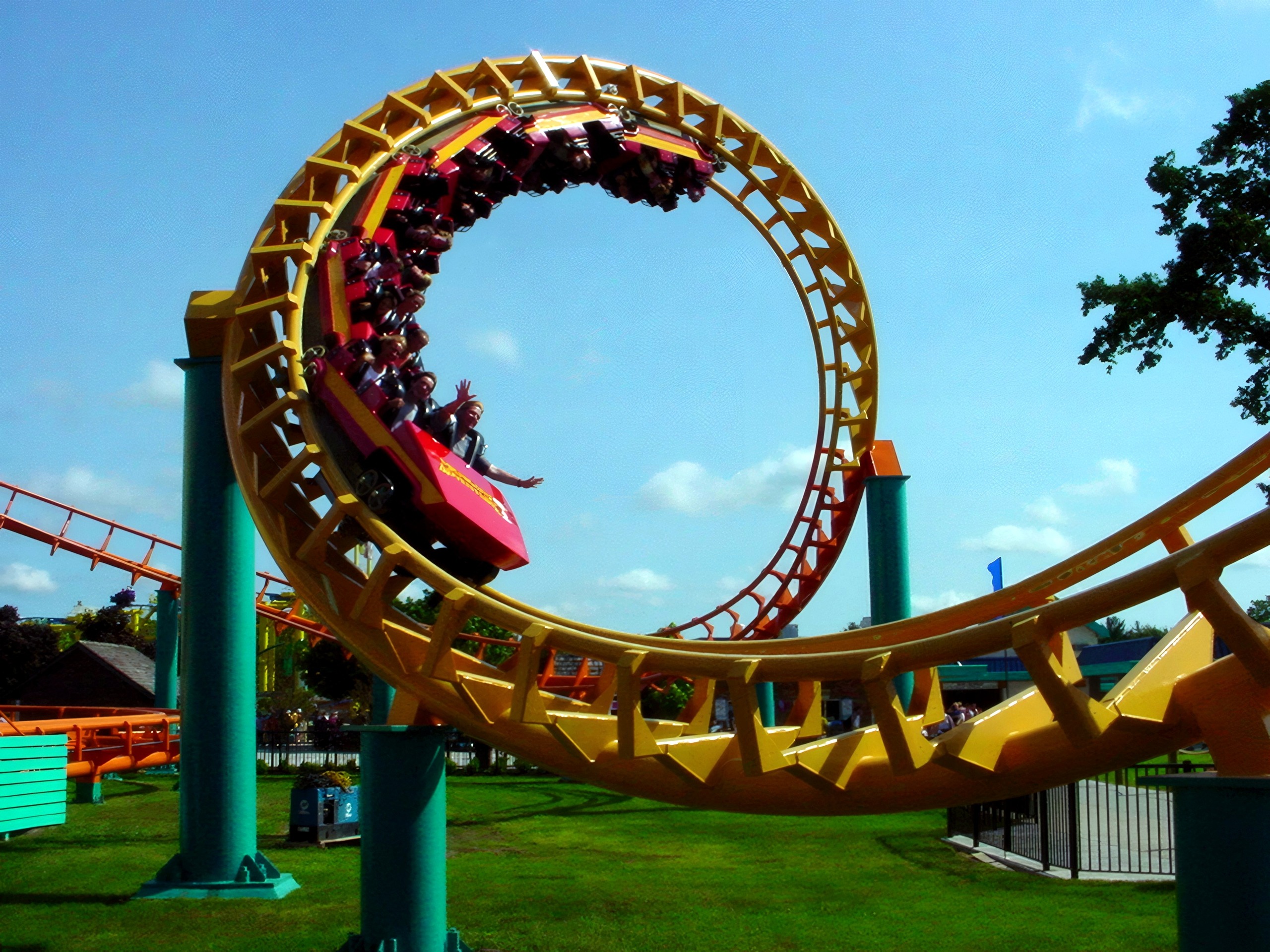 Riders inside the vertical loop, Corkscrew, June 2002
