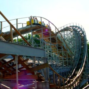 Cornball Express at Indiana Beach: a train cresting a hill on the wooden structure