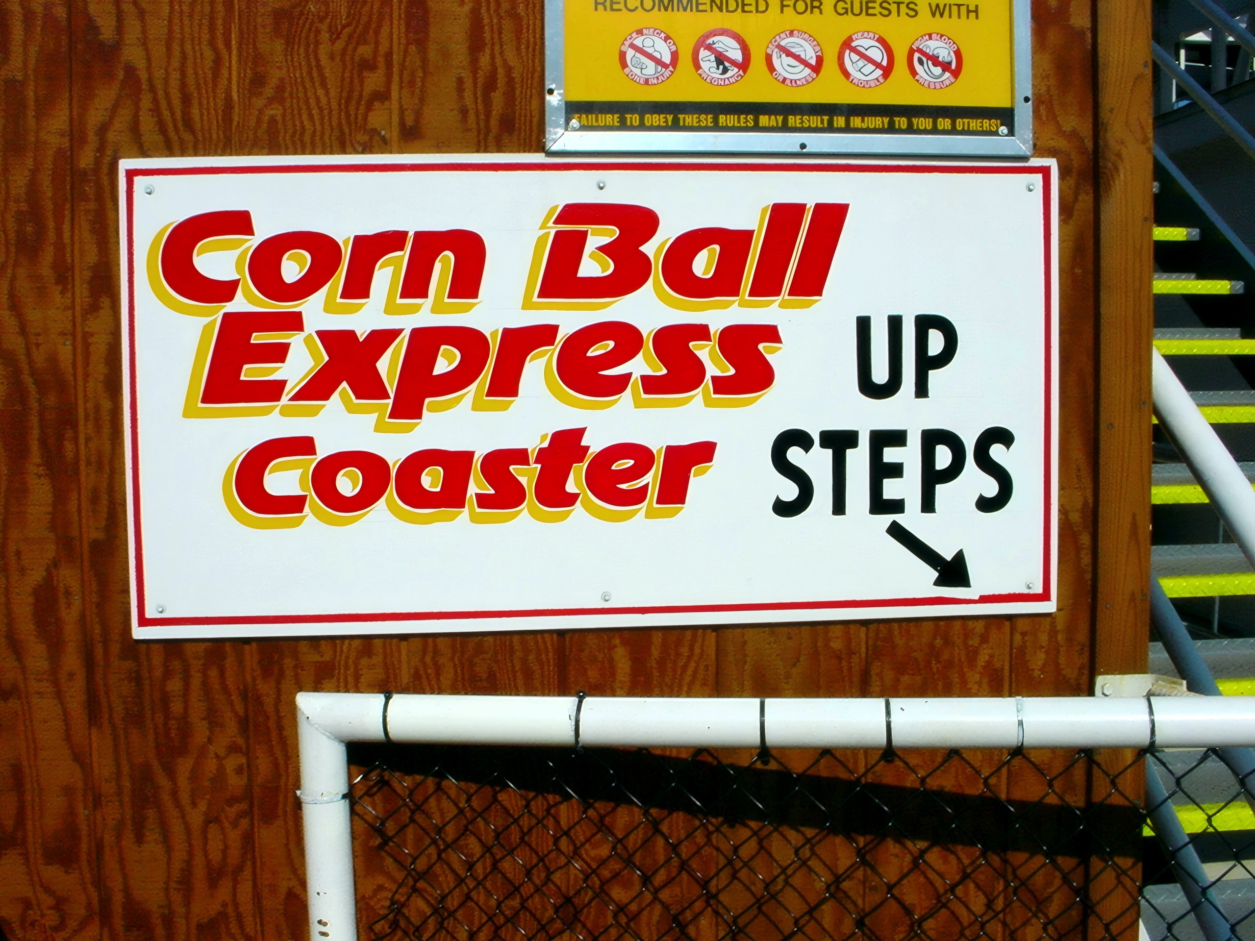 The Corn Ball Express Coaster sign at Indiana Beach, June 2002