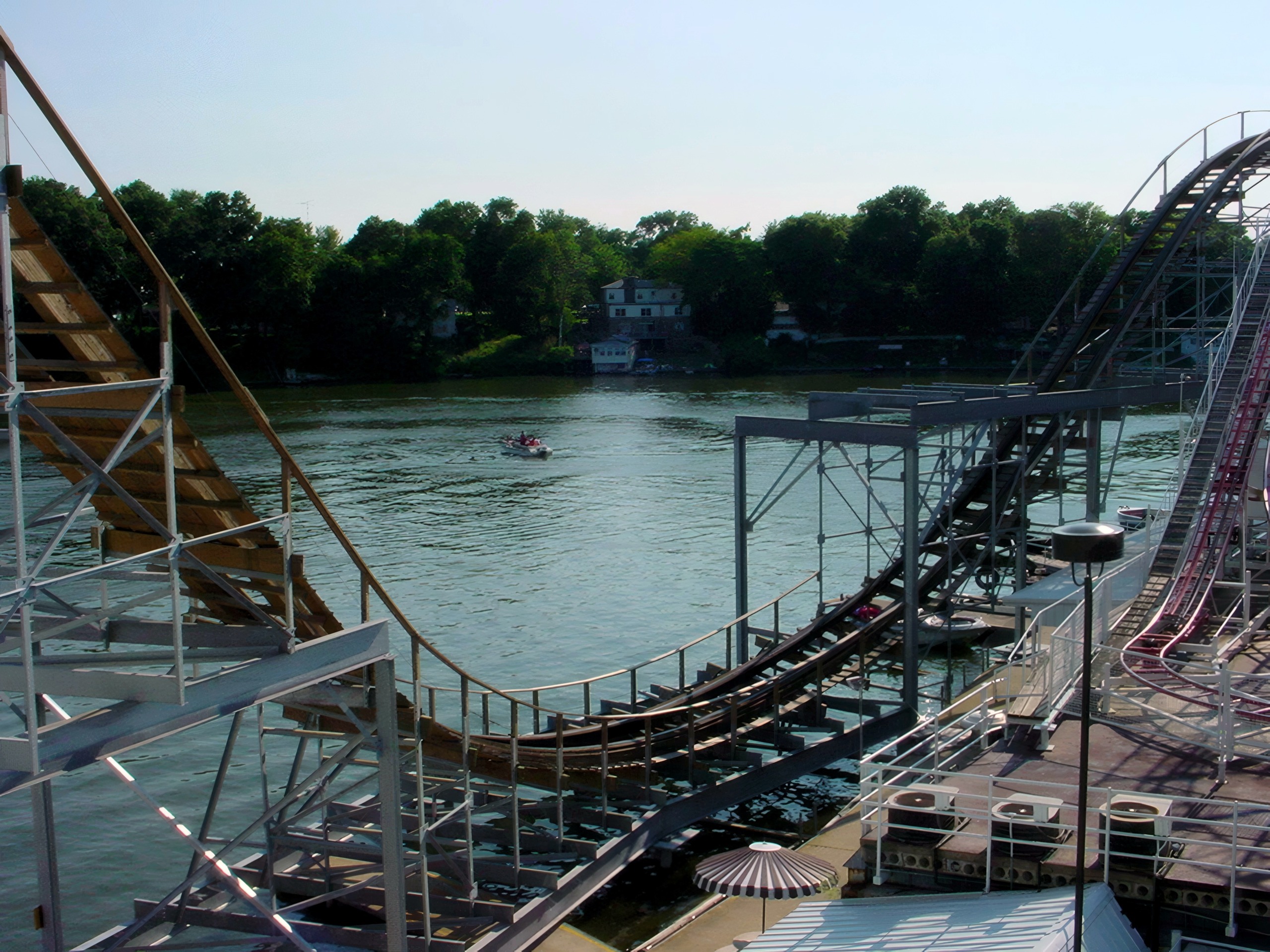 Cornball Express's track curving along the lakeshore at Indiana Beach, June 2002