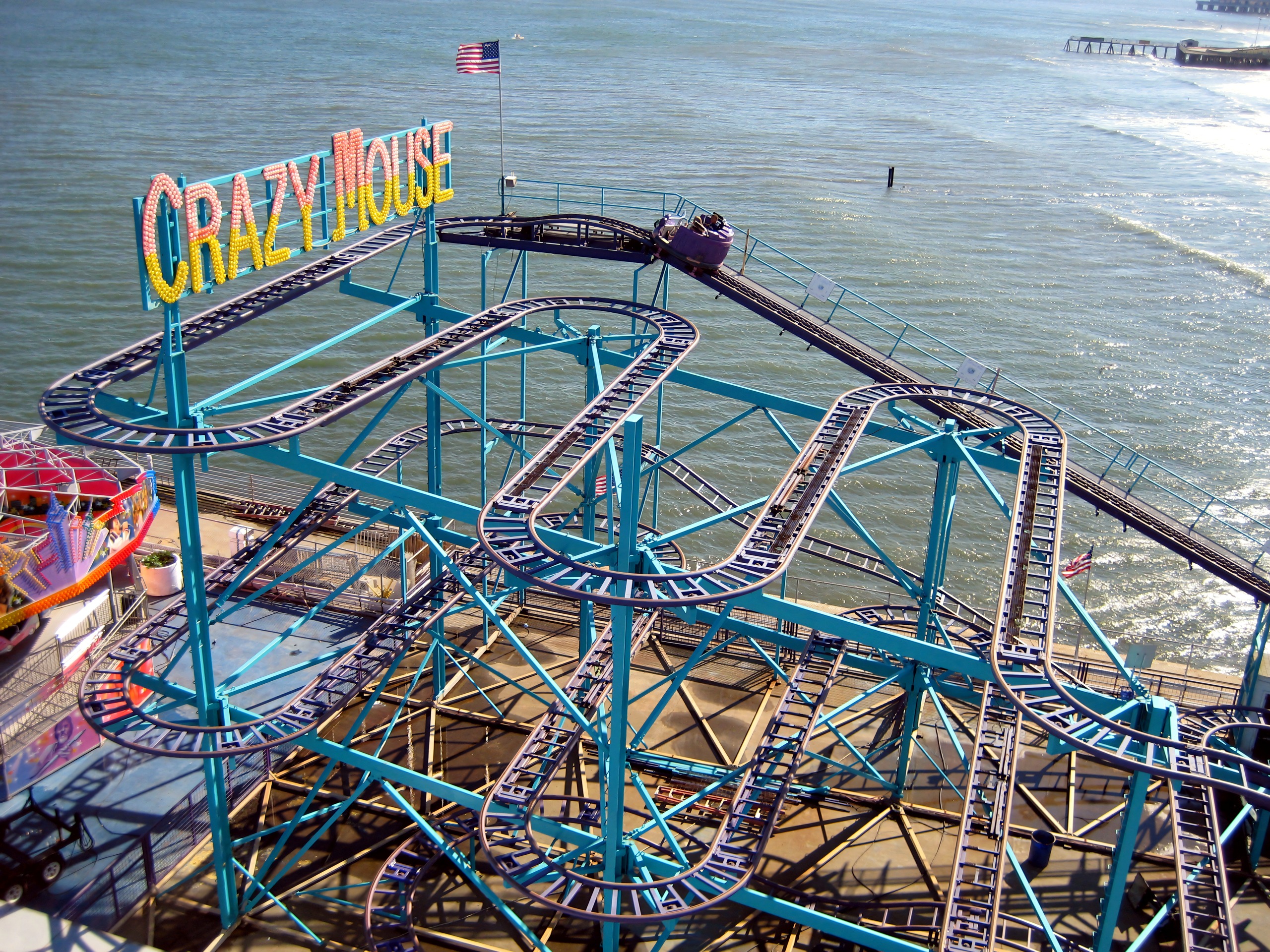 Crazy Mouse's track over the ocean at the end of Steel Pier, Crazy Mouse, July 2007