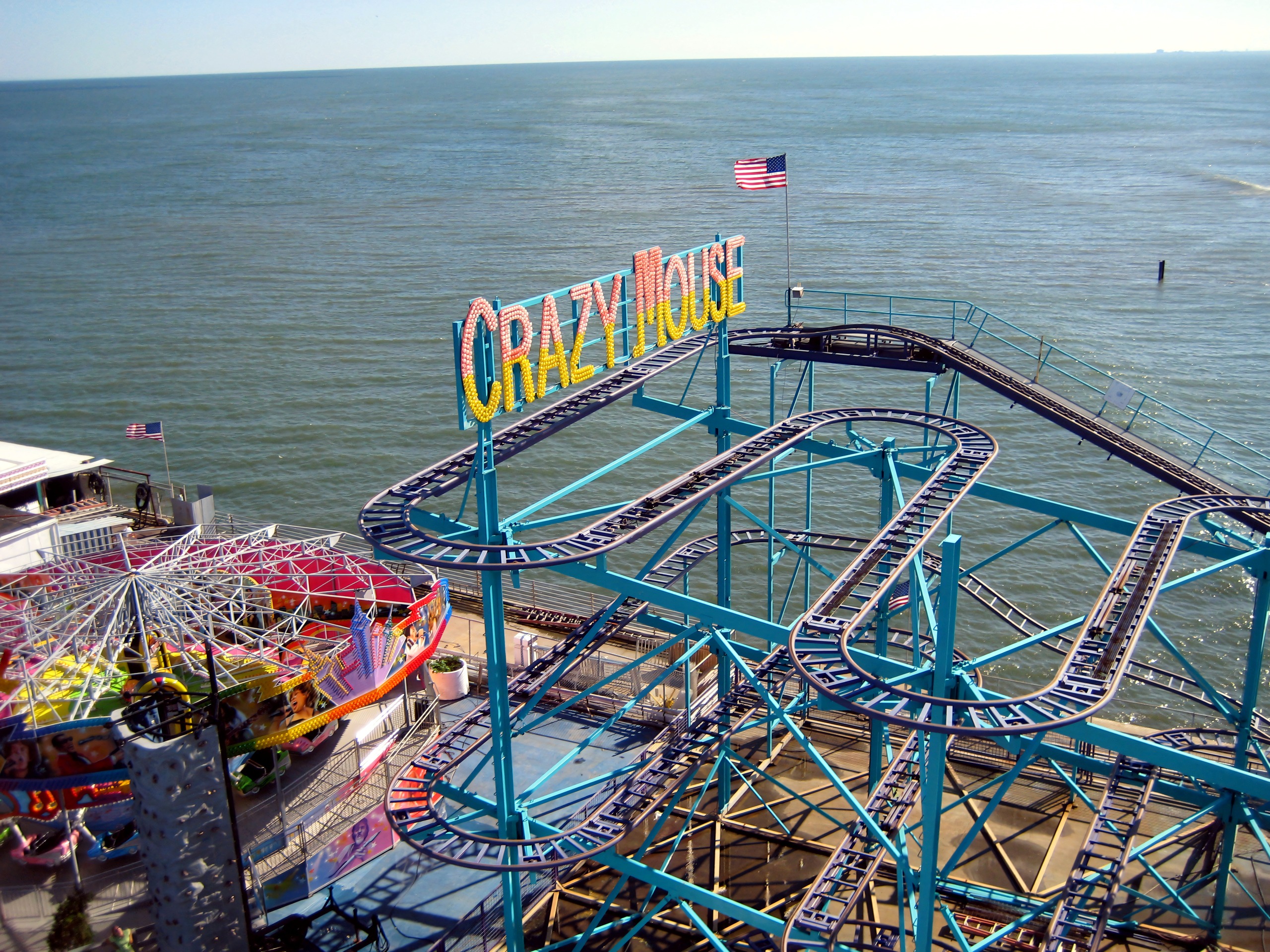 Crazy Mouse sign and track above the pier, ocean beyond, Crazy Mouse, July 2007