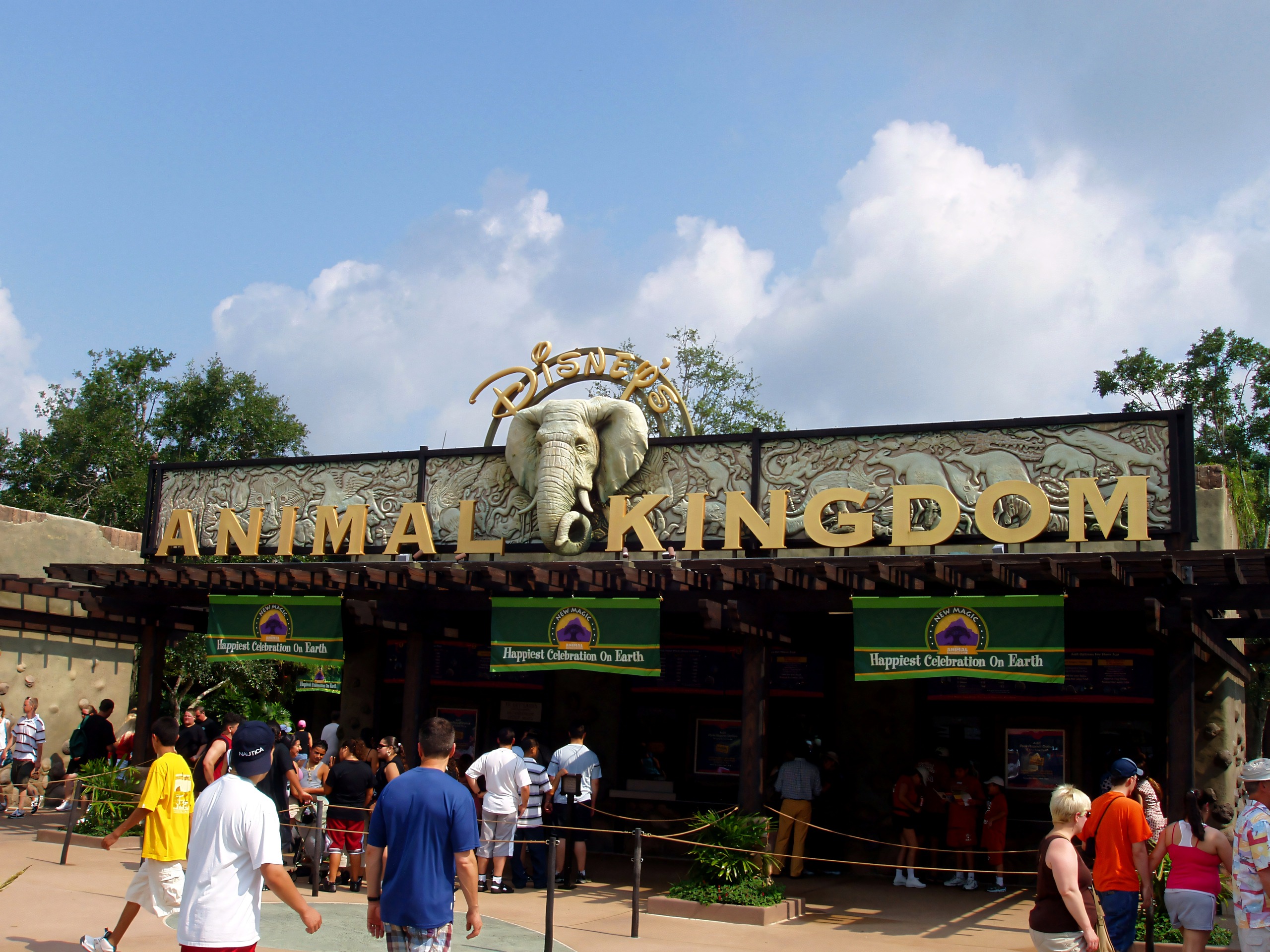 Animal Kingdom entrance sign, wider view with guests, Disney's Animal Kingdom, June 2006