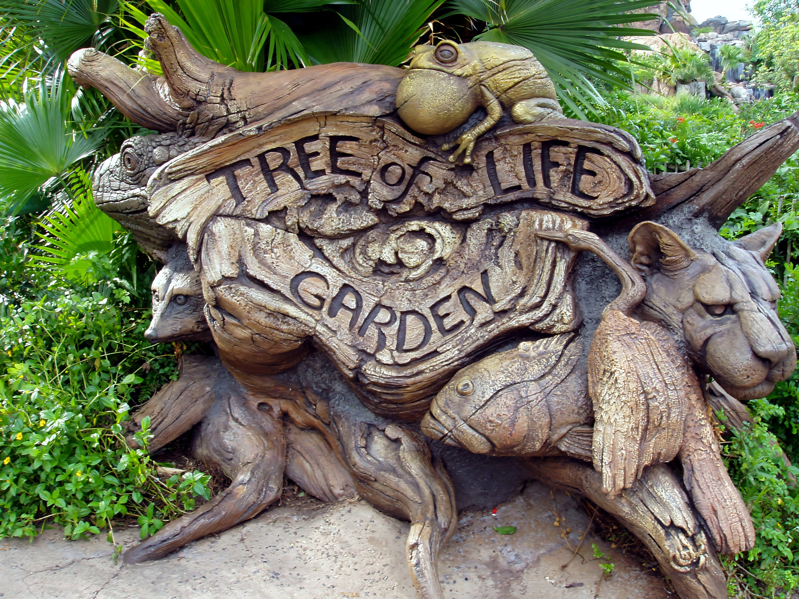 Tree of Life Garden carved sign closeup, Disney's Animal Kingdom, June 2006