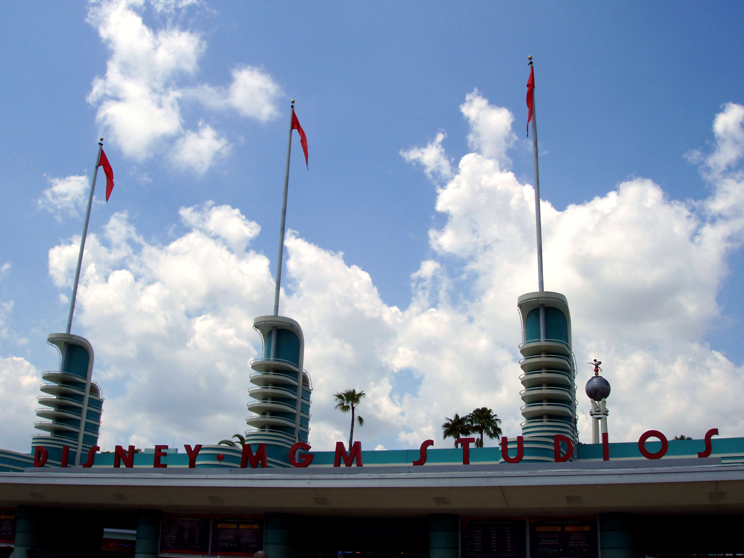 Disney-MGM Studios entrance sign with towers and flags, Disney's Hollywood Studios, June 2006