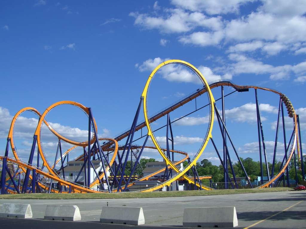 Dominator's orange track and yellow vertical loop at Kings Dominion in Doswell, Virginia