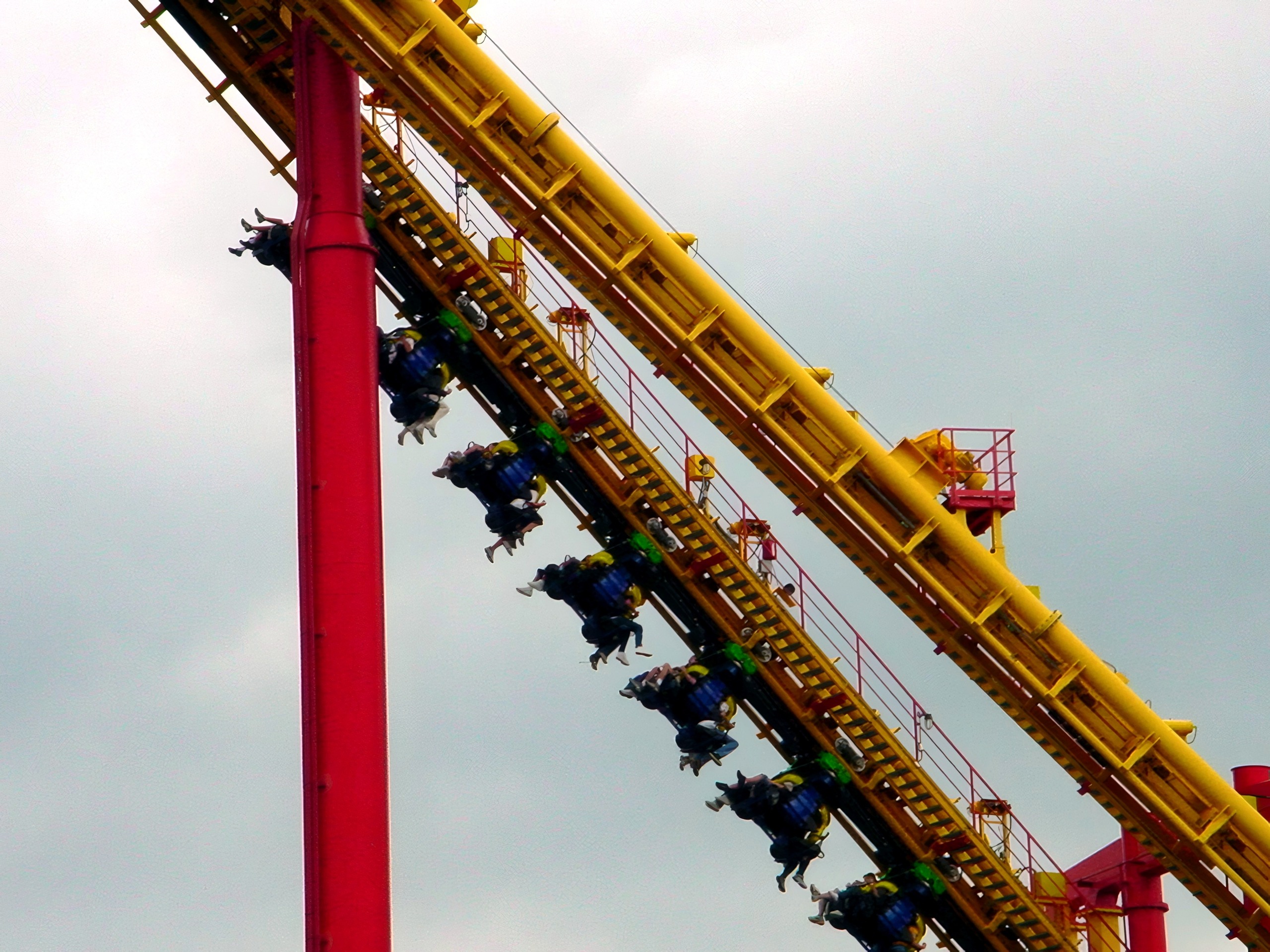 A Face/Off train descending after the loop at Kings Island, April 2002