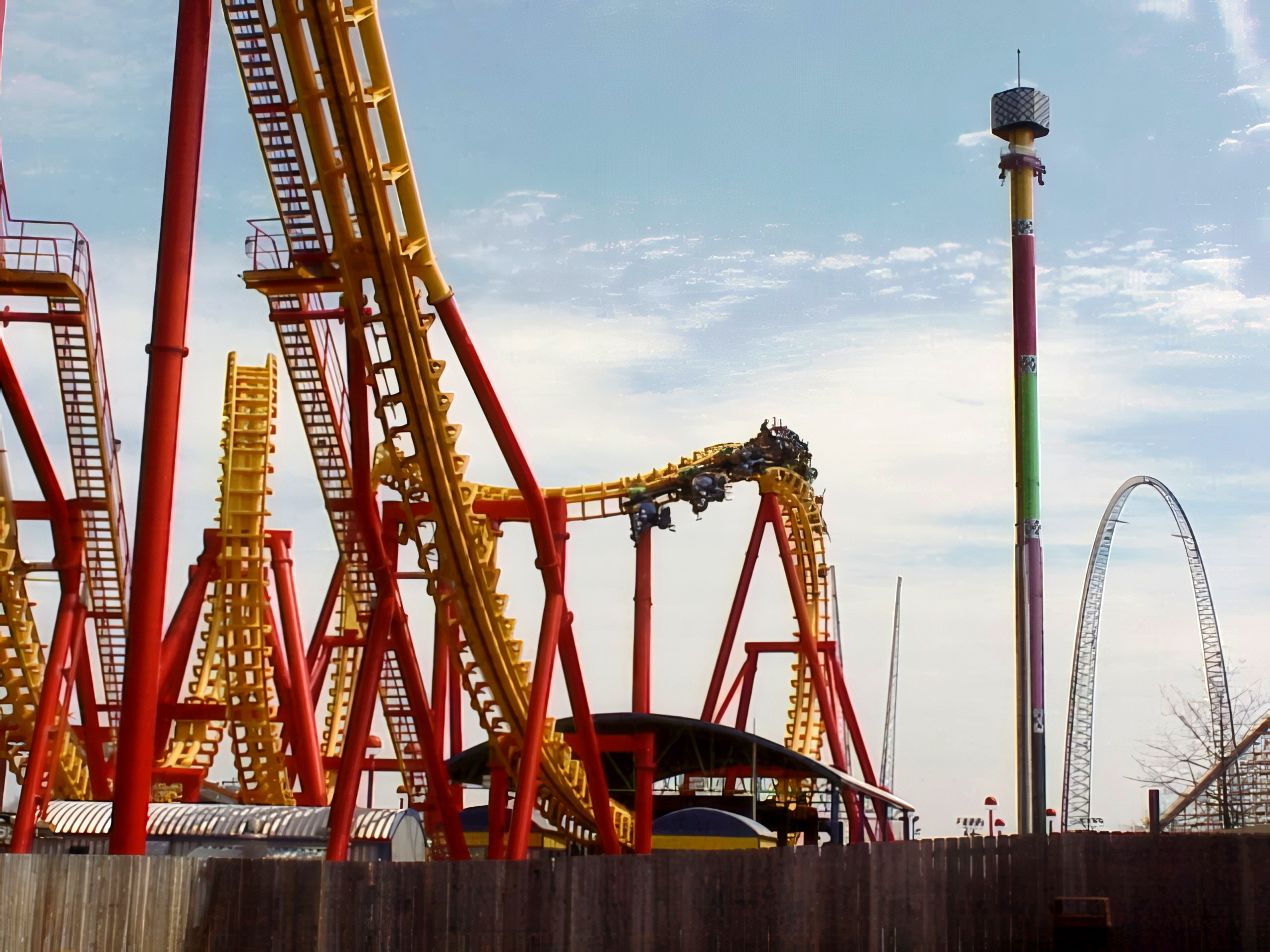Face/Off's red and yellow loop up close at Kings Island, April 2001