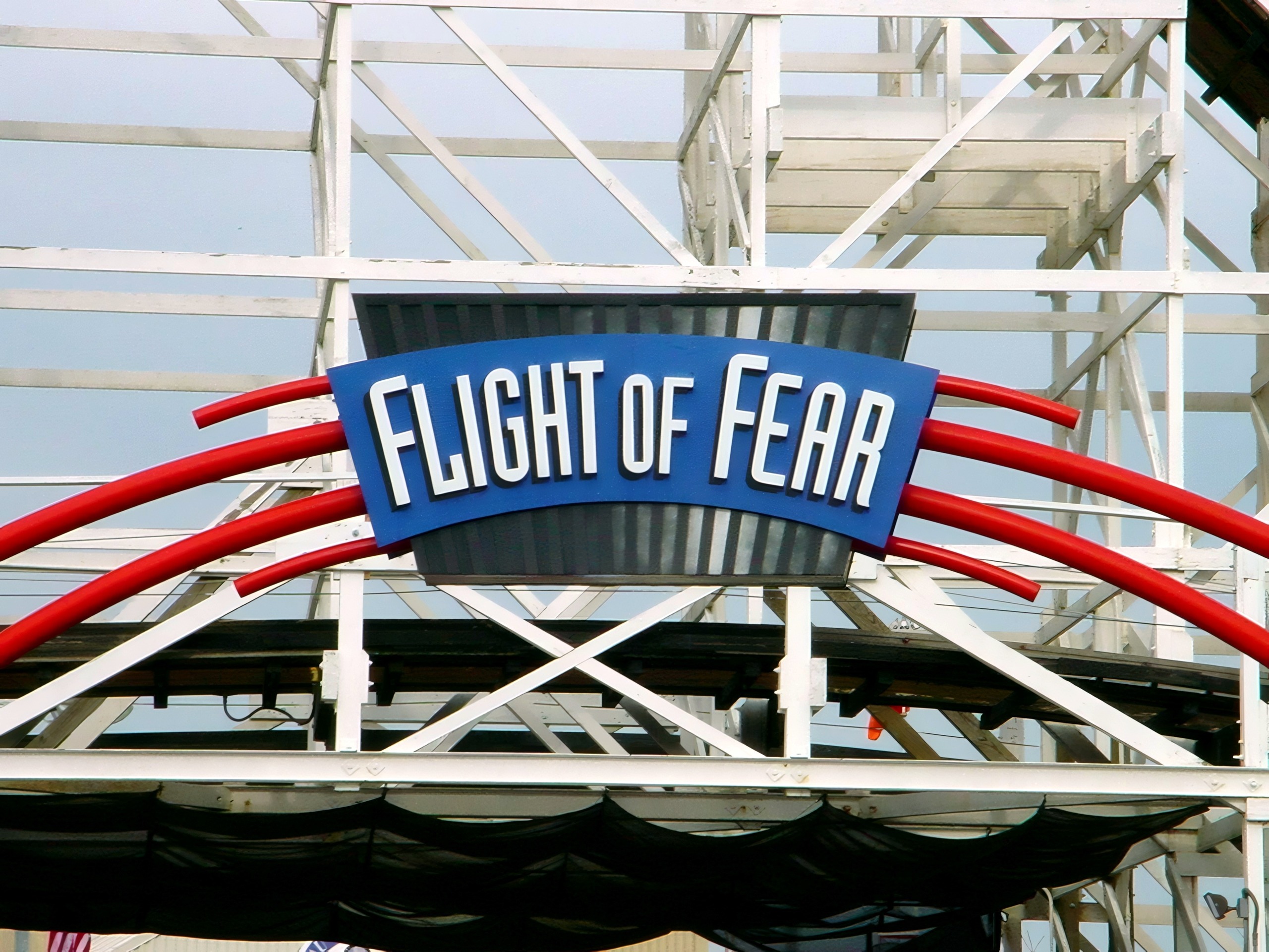 Flight of Fear ride sign with red launch tubes, Flight of Fear, April 2002