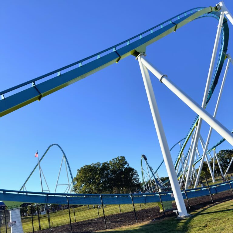 The track over a support, lift hill in the distance, October 12, 2024. Clarendon-style edit.