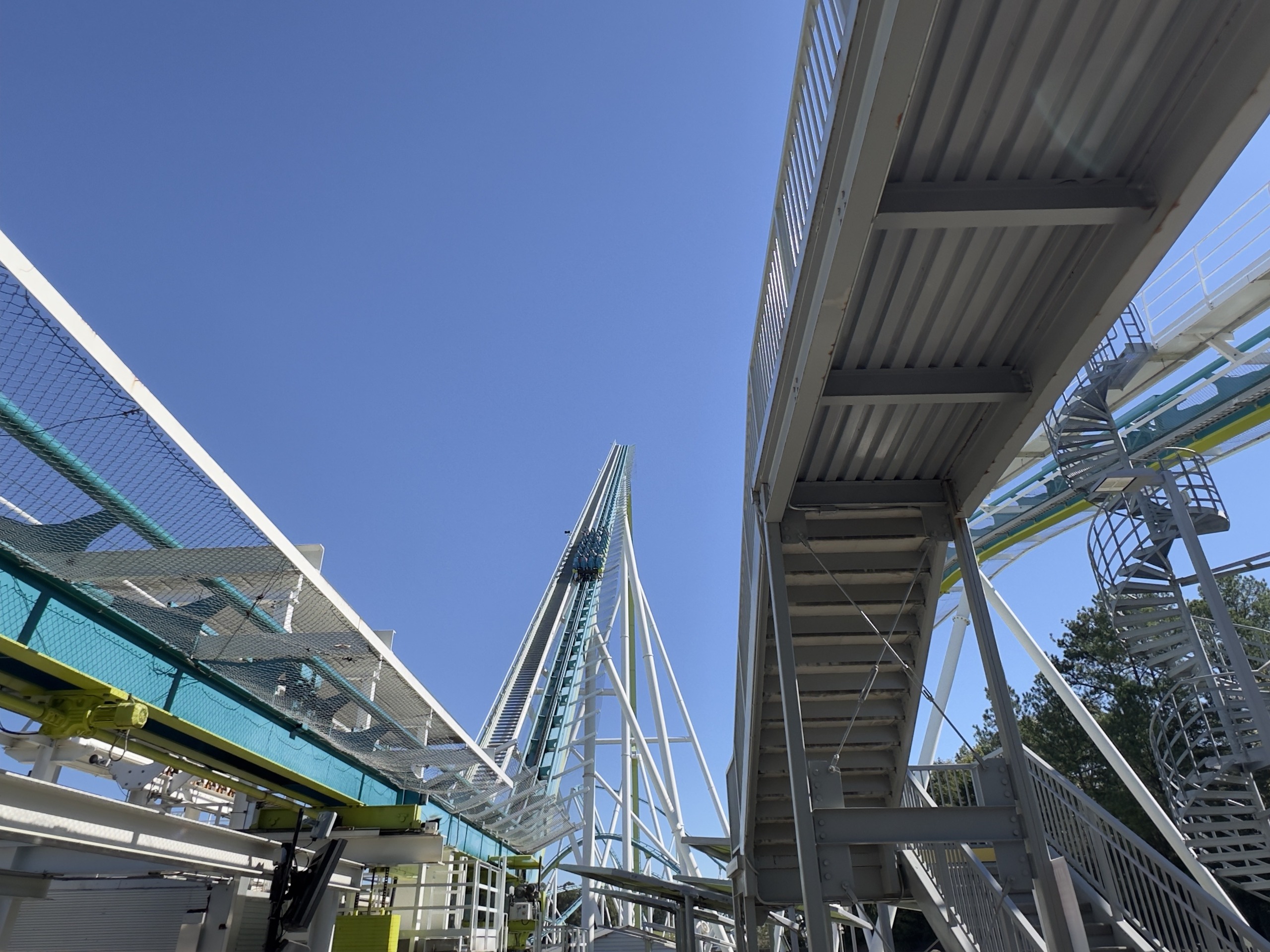 Fury 325's lift hill and the exit staircase from the station area, Carowinds, October 2024
