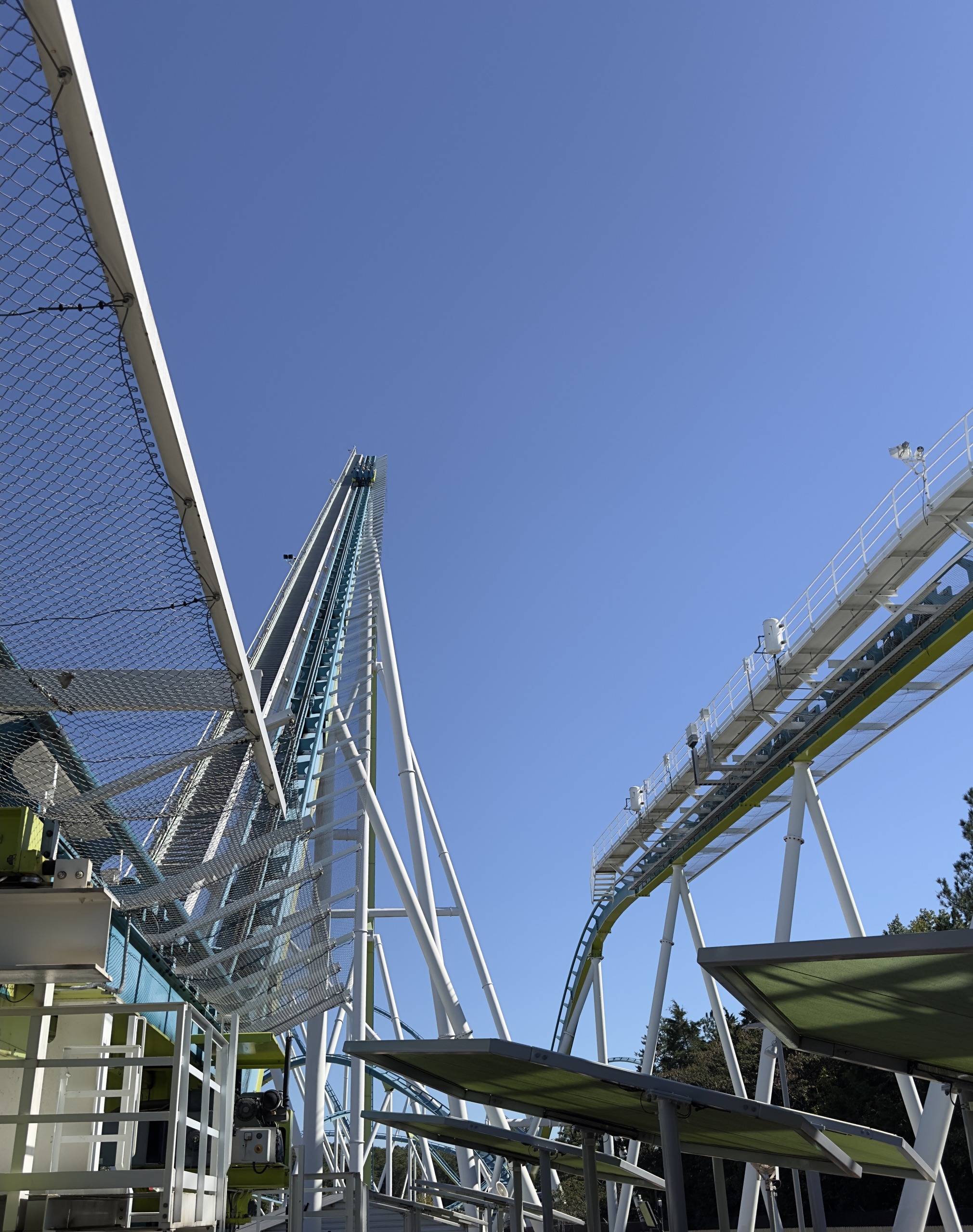 Fury 325's lift and return track from the station platform, Carowinds, October 2024