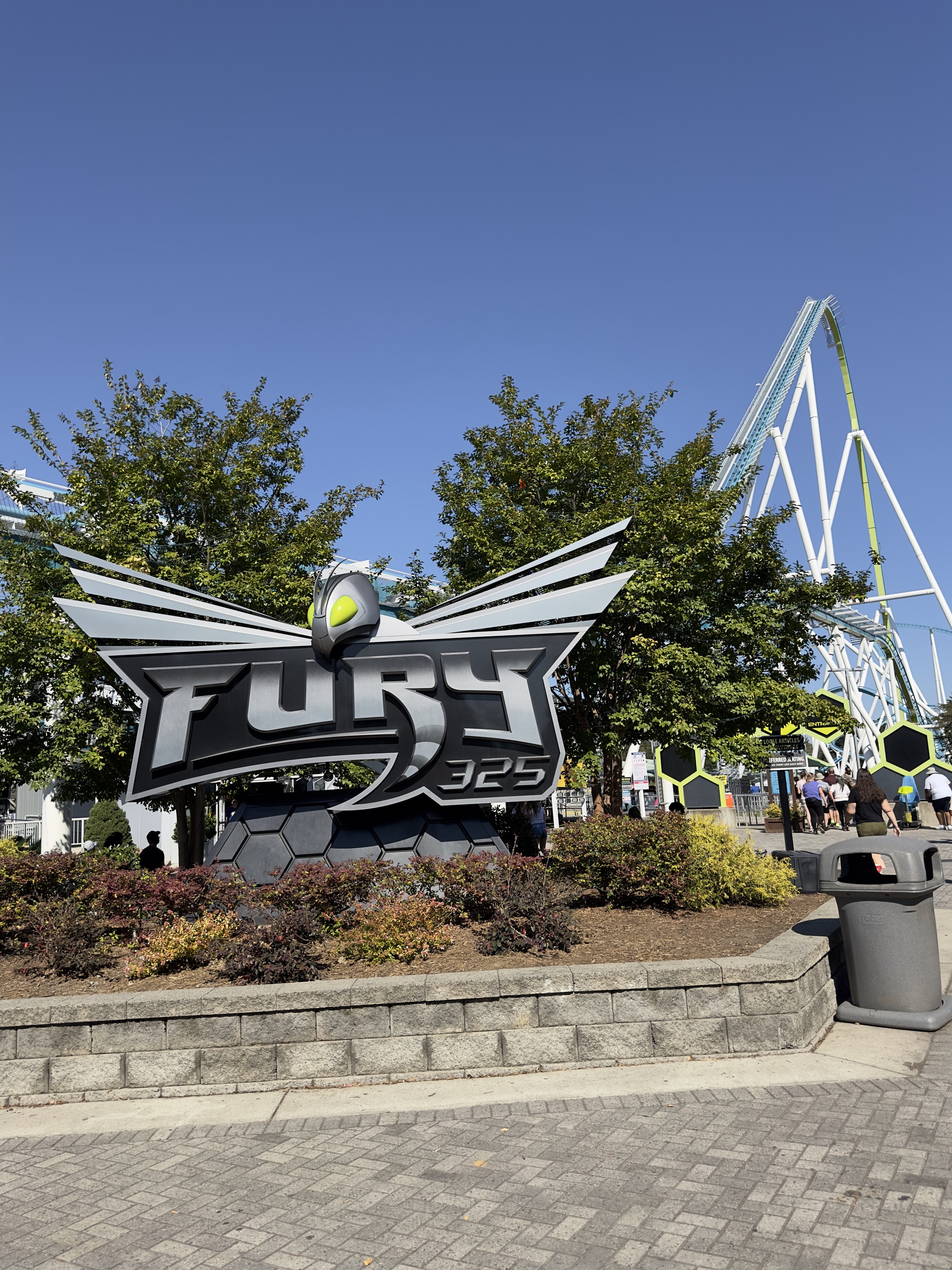 The Fury 325 sign seen from the brick plaza, Carowinds, October 2024