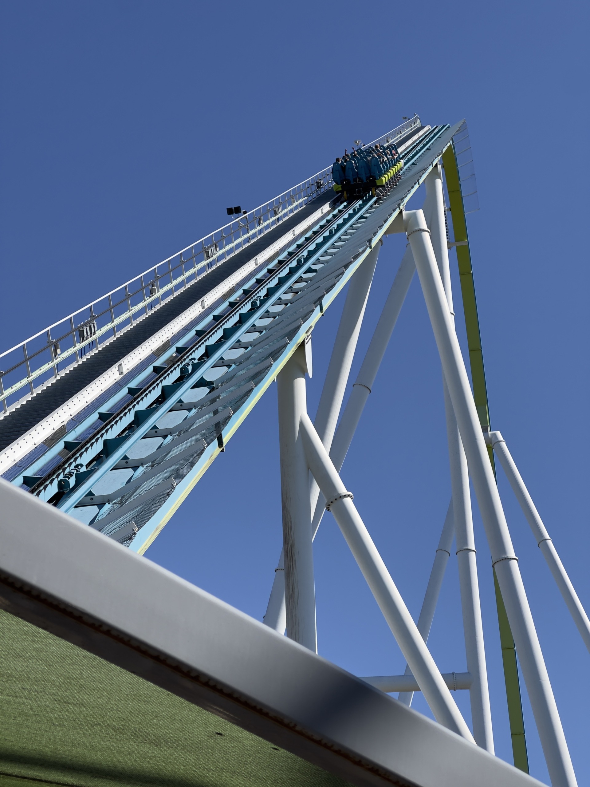 A Fury 325 train close to the crest of the lift hill, Carowinds, October 2024