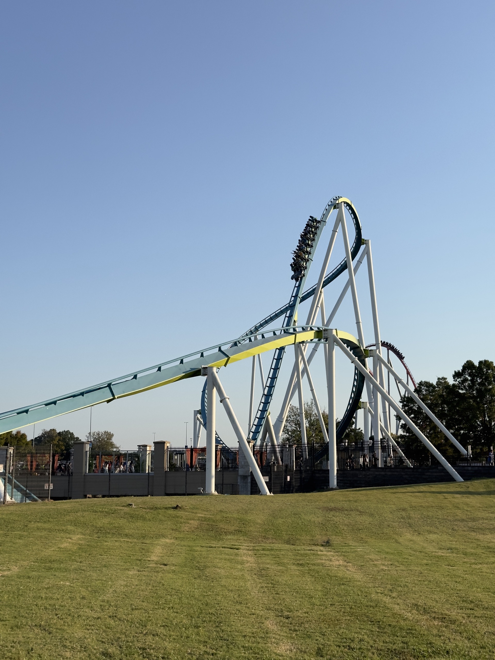 A Fury 325 train high in the banked turnaround, Carowinds, October 2024