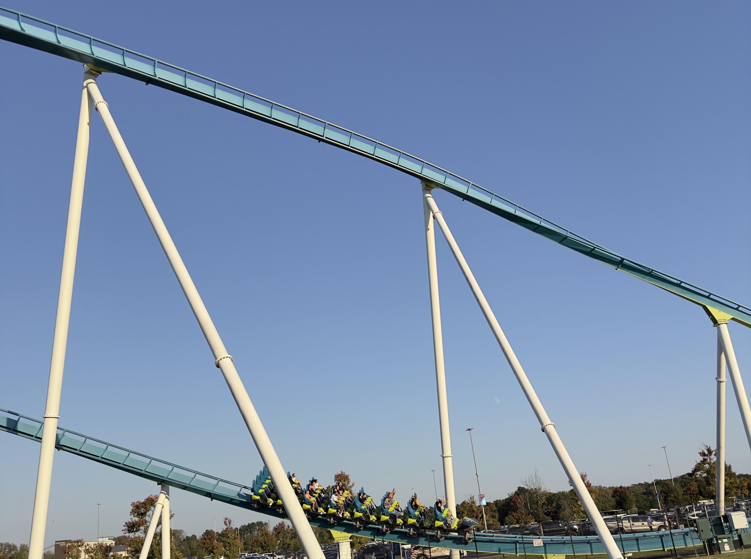 A Fury 325 train in the valley between two airtime hills, Carowinds, October 2024