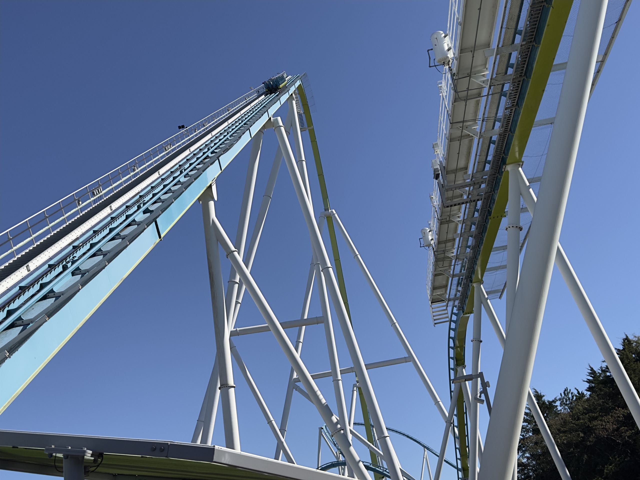 A Fury 325 train near the top of the lift hill, Carowinds, October 2024