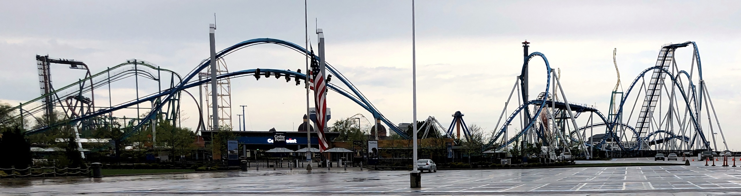Cedar Point skyline with coasters seen from parking lot, GateKeeper, May 2018