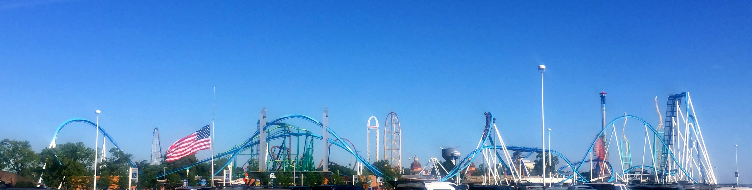 Parking lot with Cedar Point coaster skyline in distance, GateKeeper, July 2016