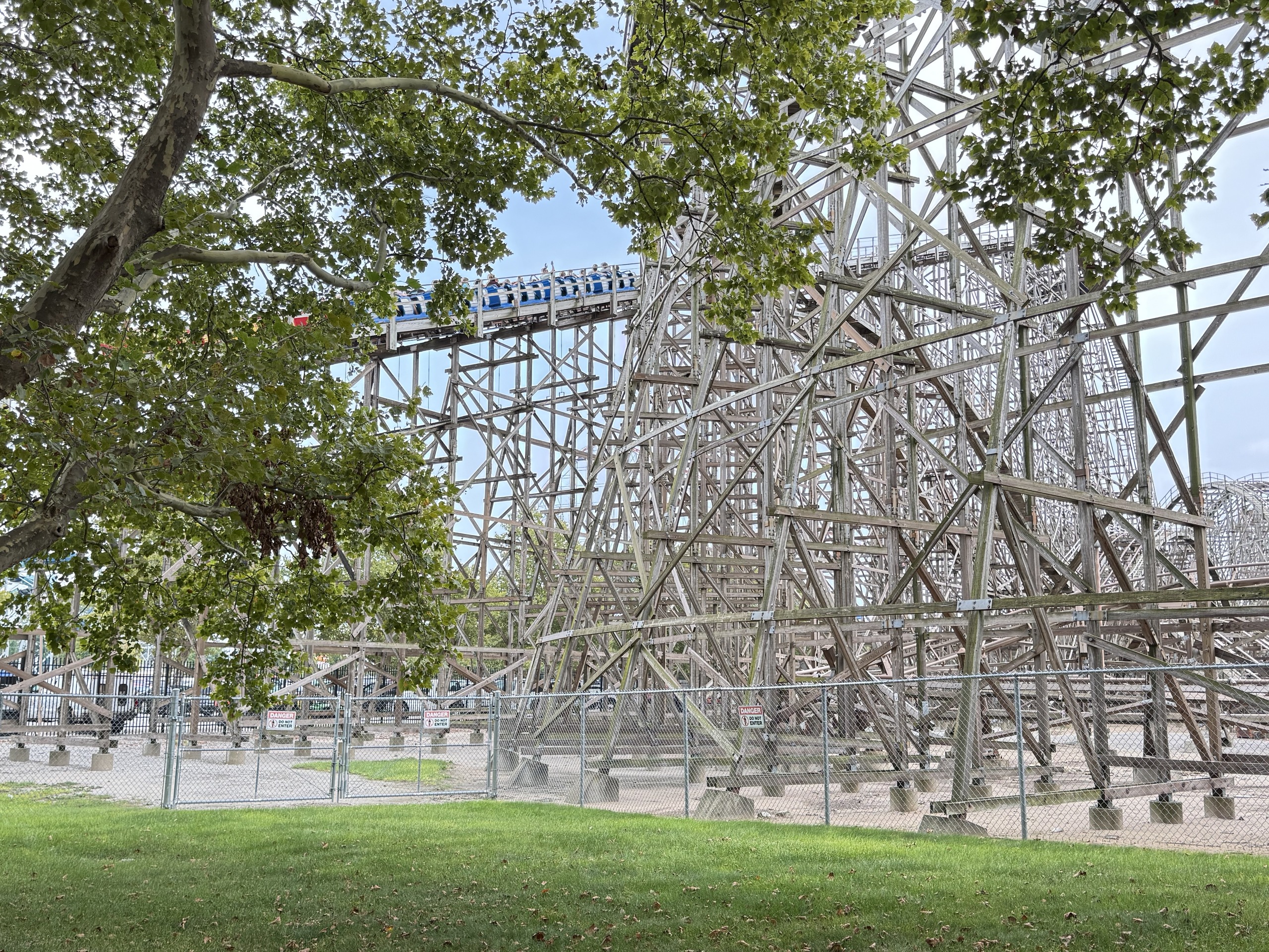 The blue Gemini train cresting the wooden trestle lift hill
