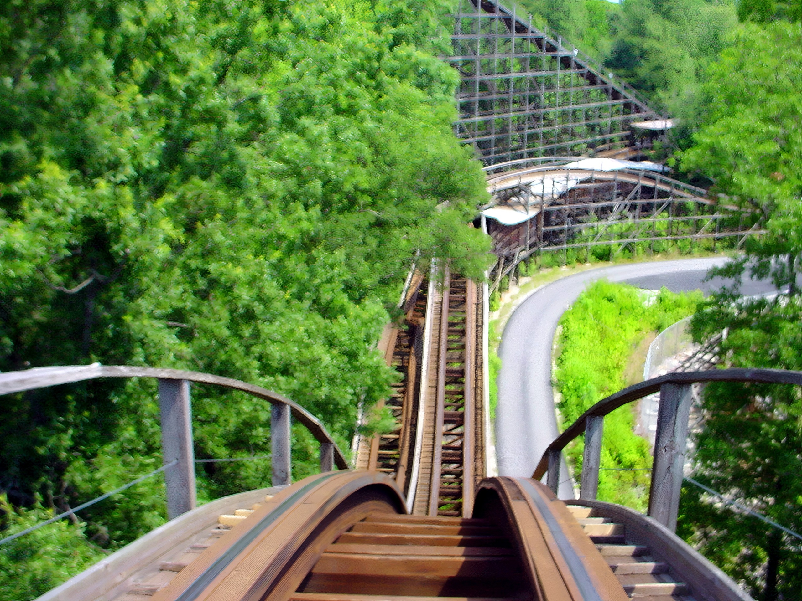 Grizzly's track curving above the service road, seen from the train at Kings Dominion, July 2001