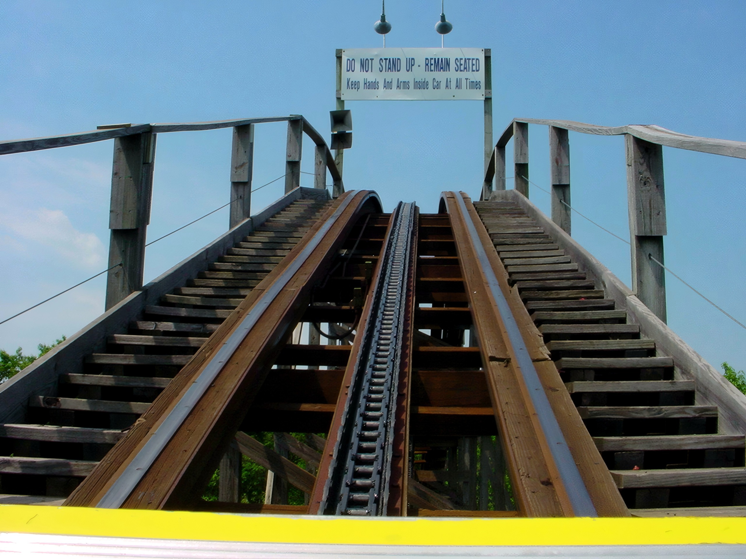The top of Grizzly's lift hill from the front seat at Kings Dominion, July 2001