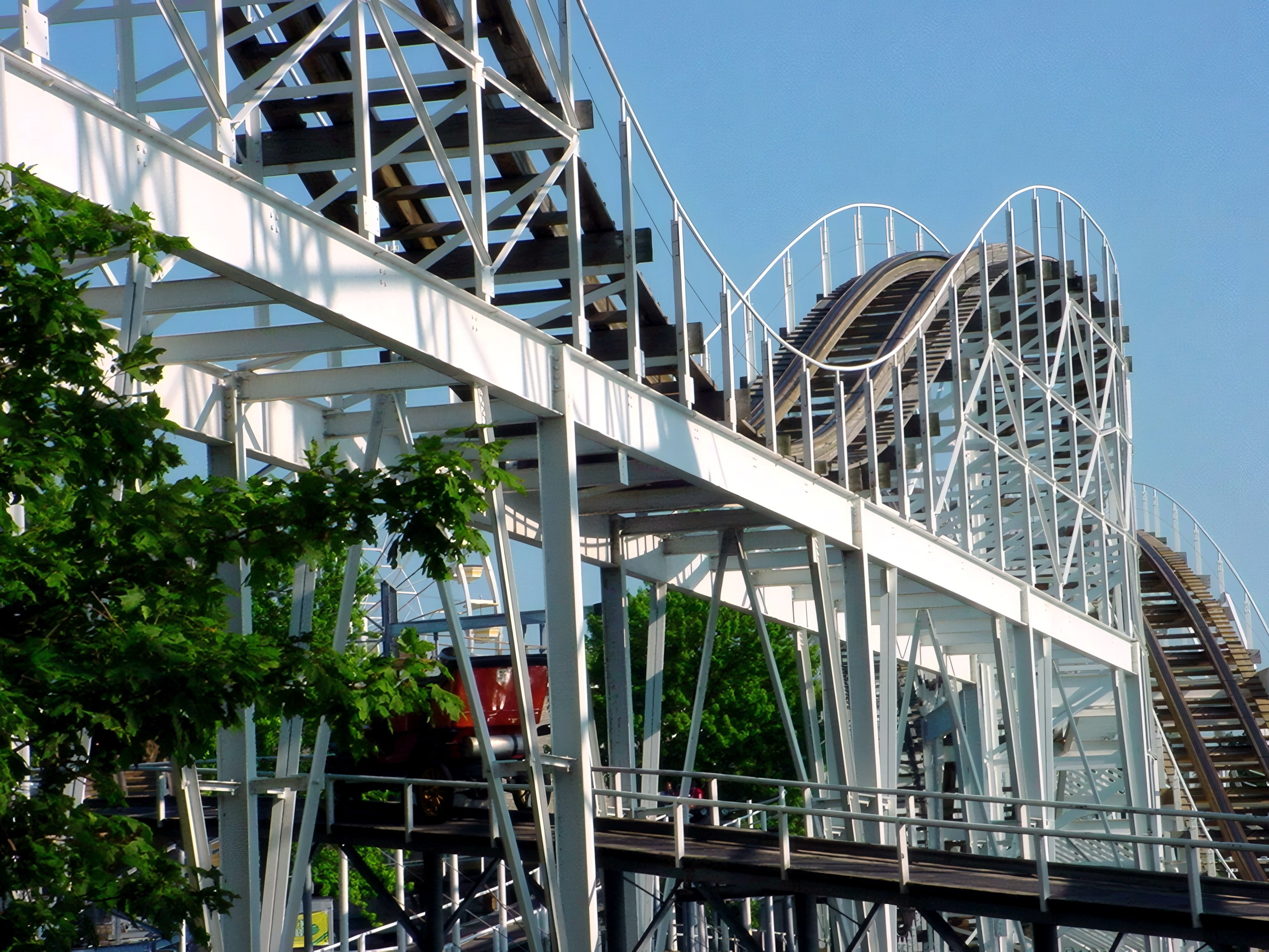 A red Hoosier Hurricane train on the white steel lift structure, June 2002