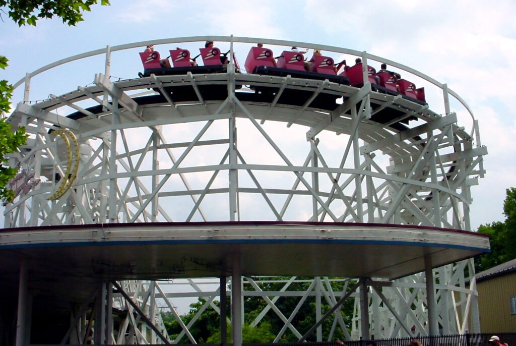 A Jack Rabbit train cresting the turnaround at Kennywood, July 2003