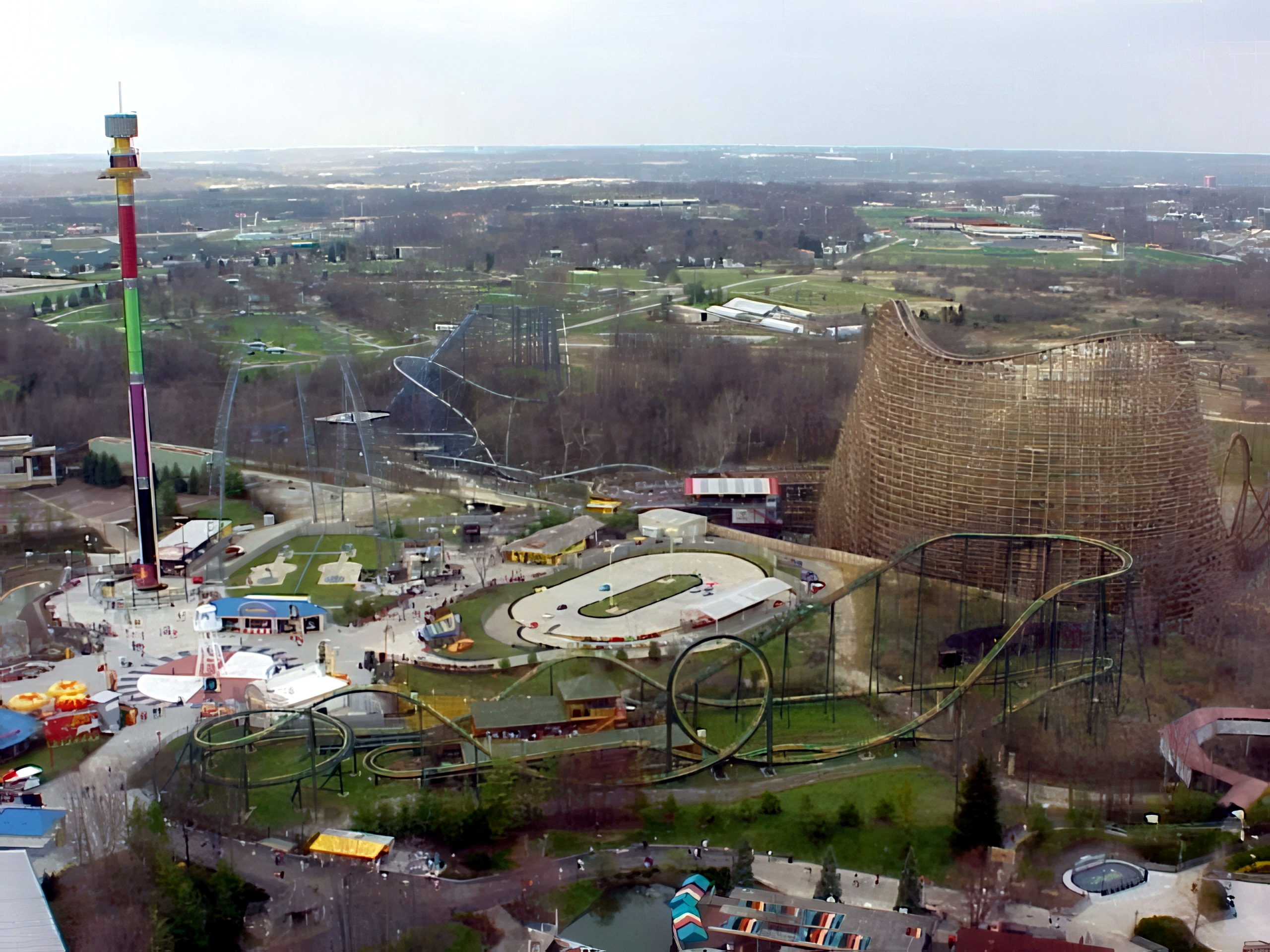 King Cobra's layout with Drop Zone and Son of Beast behind, seen from the Eiffel Tower at Paramount's Kings Island, April 2001