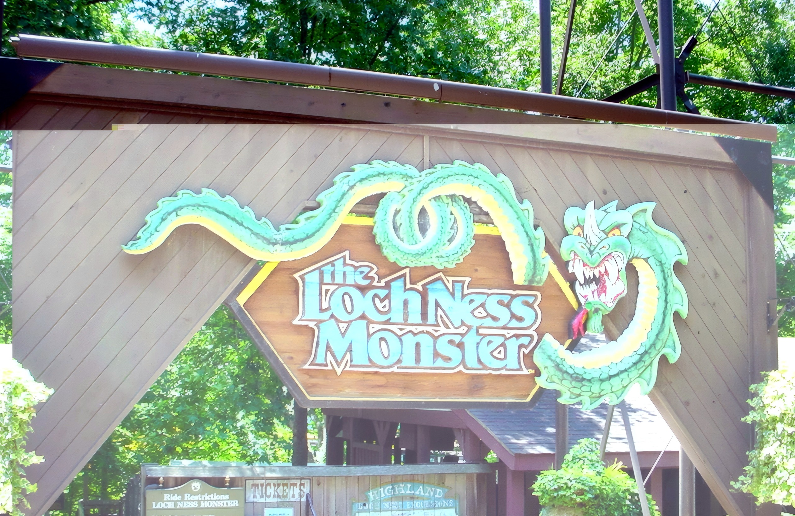 The Loch Ness Monster entrance sign and ticket booth at Busch Gardens Williamsburg, July 2001