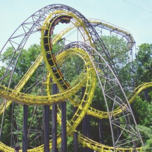 A Loch Ness Monster train in the interlocking loops seen from the bridge below at Busch Gardens Williamsburg