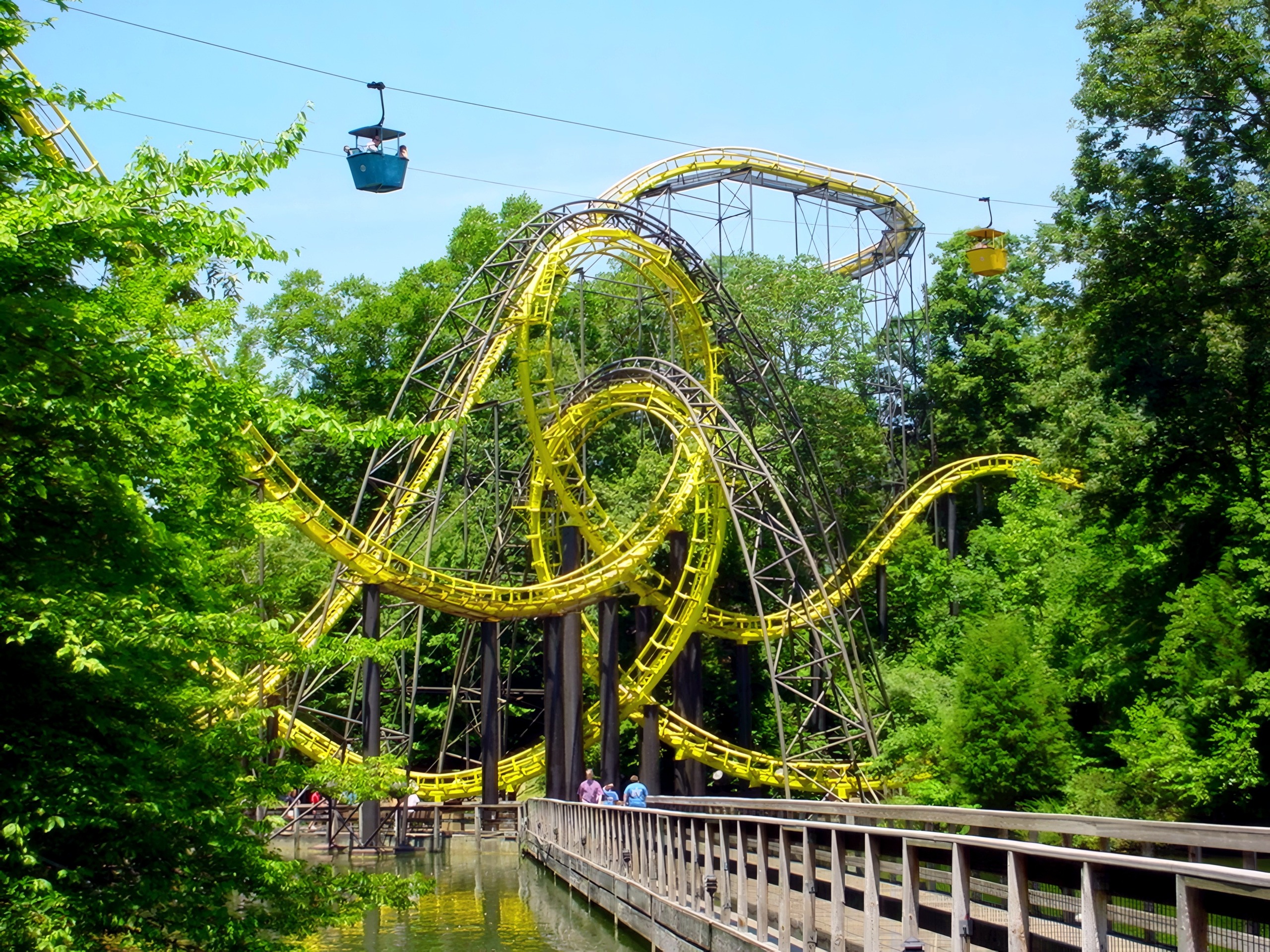 The Loch Ness Monster's interlocking loops with skyride gondolas passing at Busch Gardens Williamsburg, July 2001