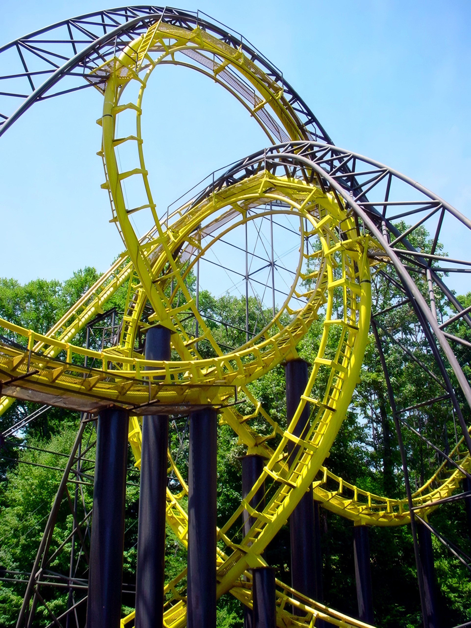 The Loch Ness Monster's interlocking loops from directly below at Busch Gardens Williamsburg, July 2001