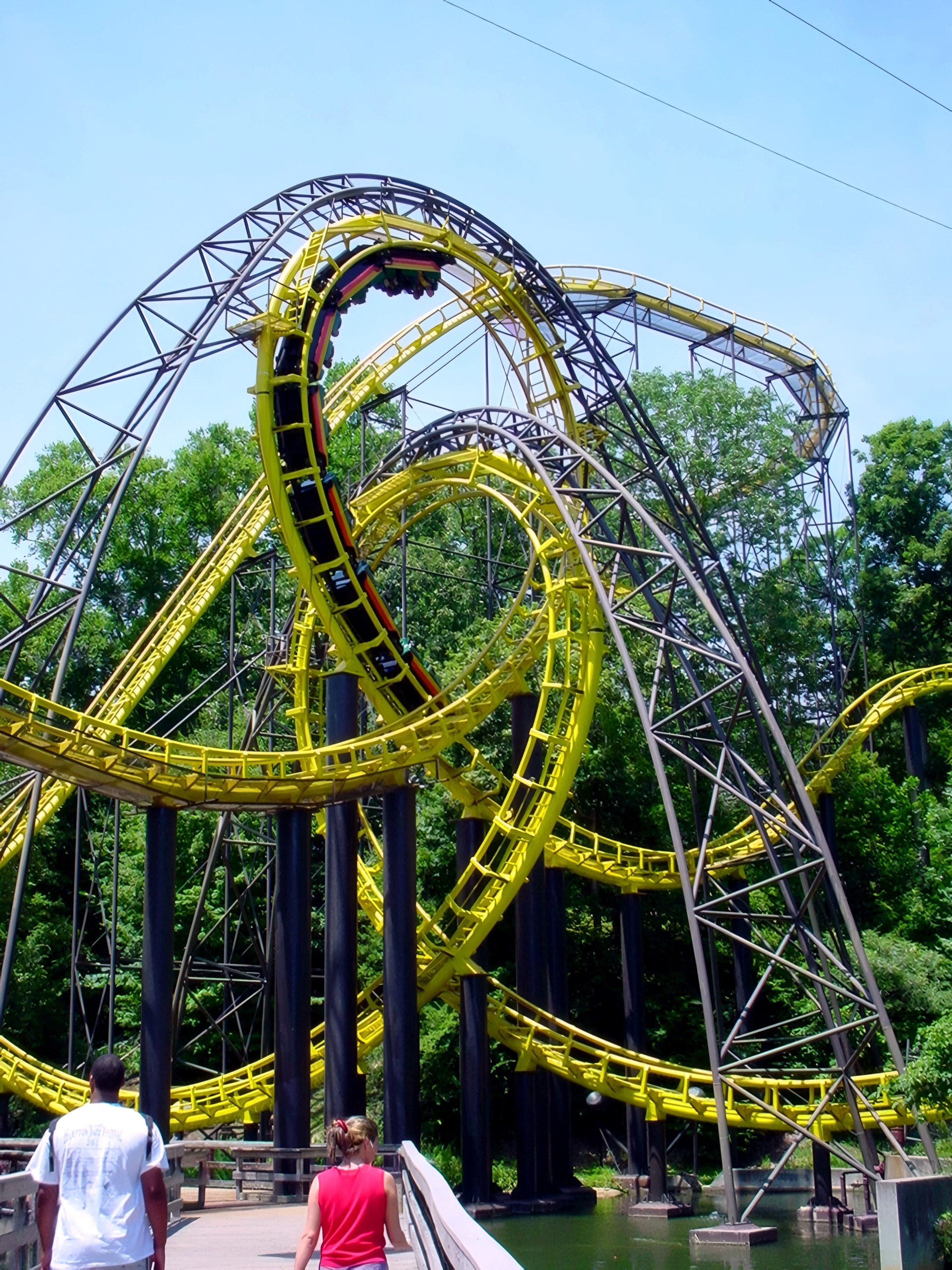 A Loch Ness Monster train in the interlocking loops seen from the bridge below at Busch Gardens Williamsburg, July 2001