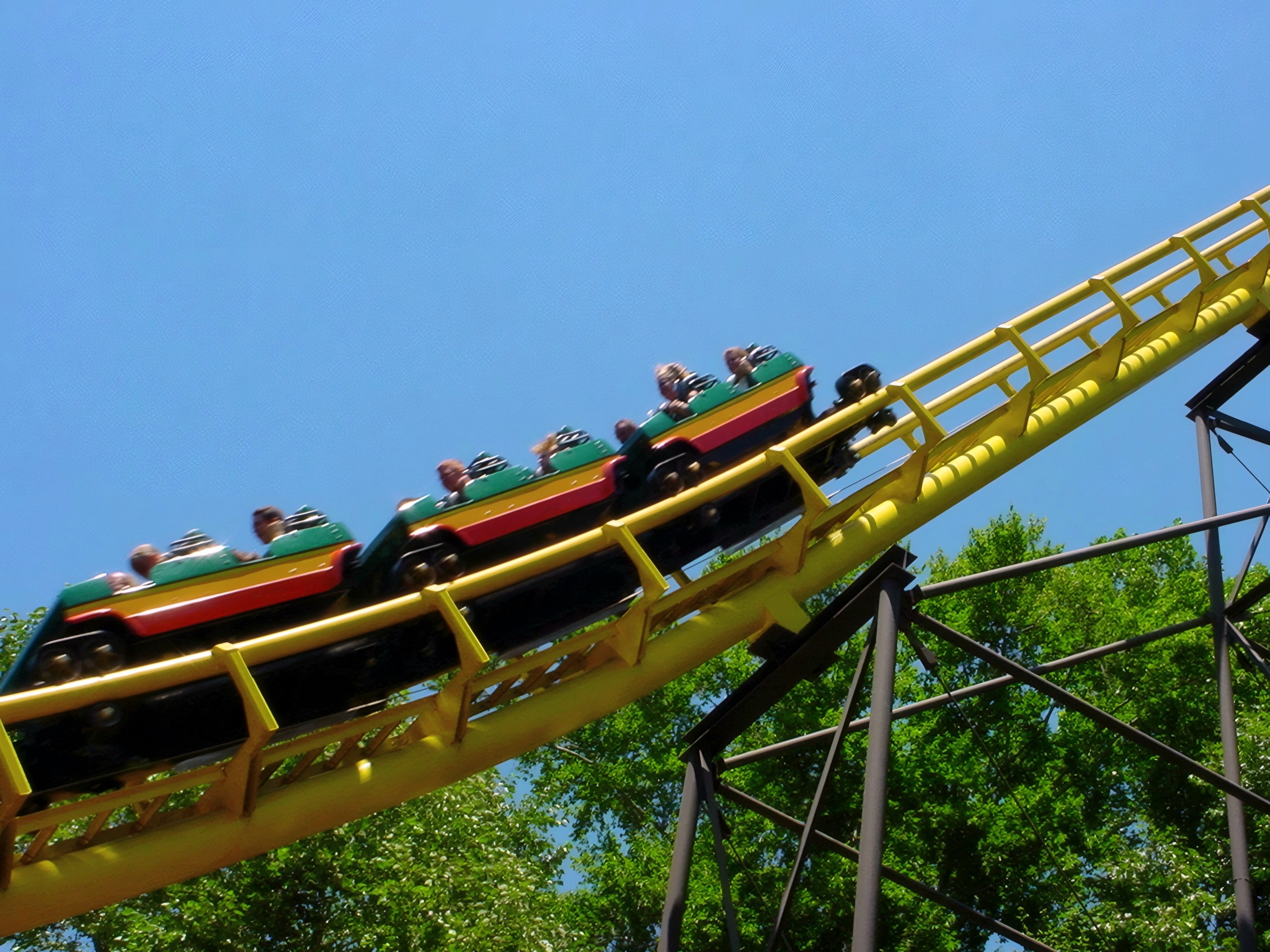 A Loch Ness Monster train diving down the yellow track at Busch Gardens Williamsburg, July 2001