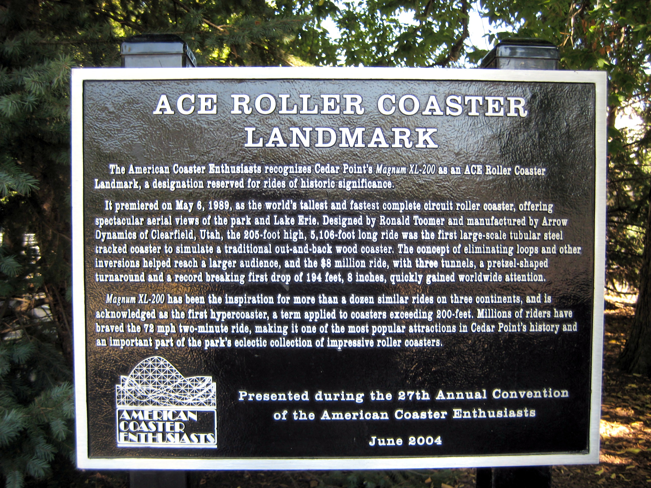 The ACE Roller Coaster Landmark plaque for Magnum XL-200 at Cedar Point, September 2007
