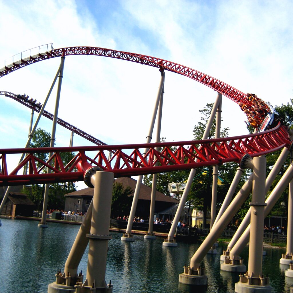 Maverick at Cedar Point: two trains on the red track above the water