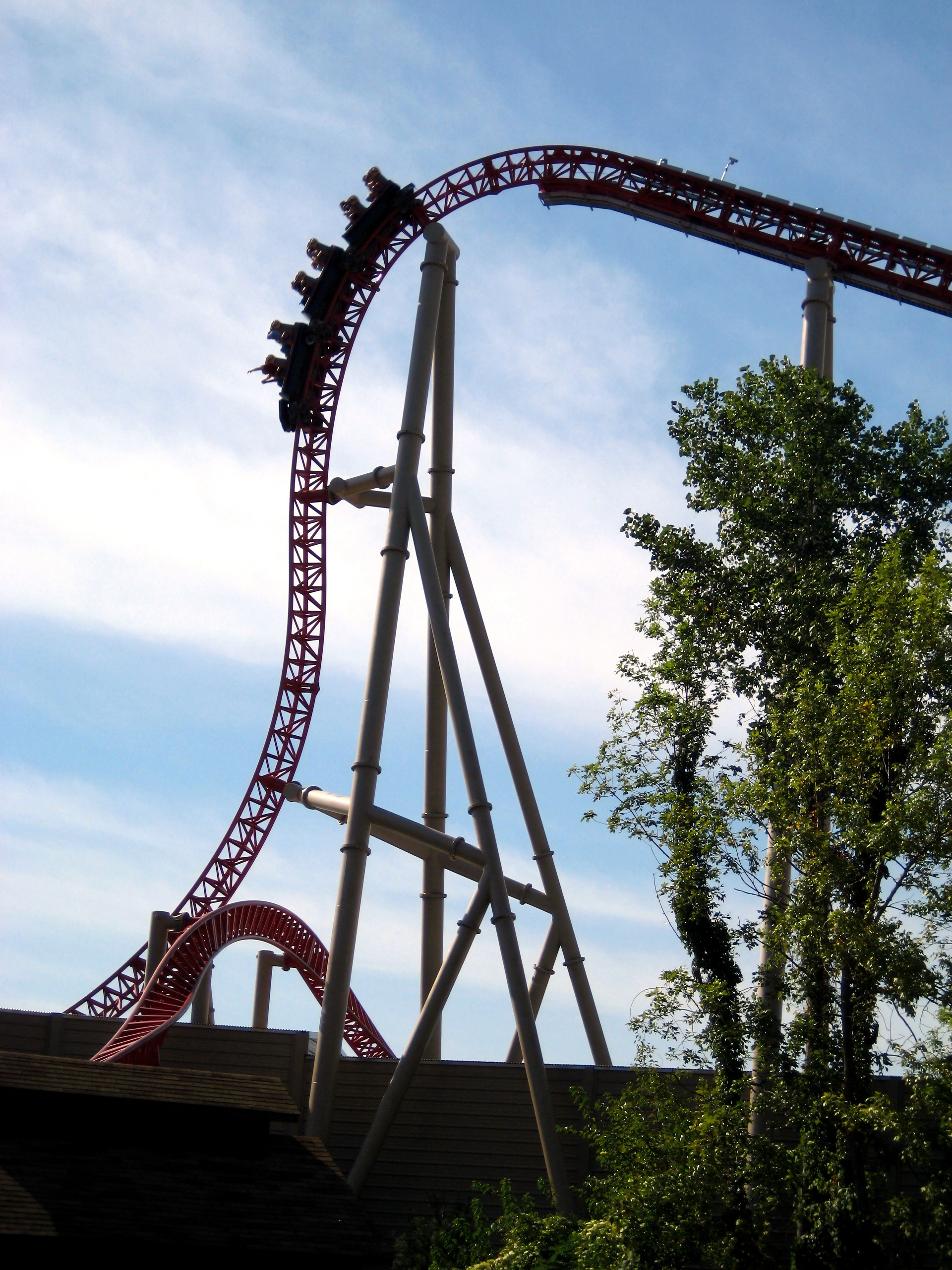 Maverick's red track twisting over a hill at Cedar Point, September 2007