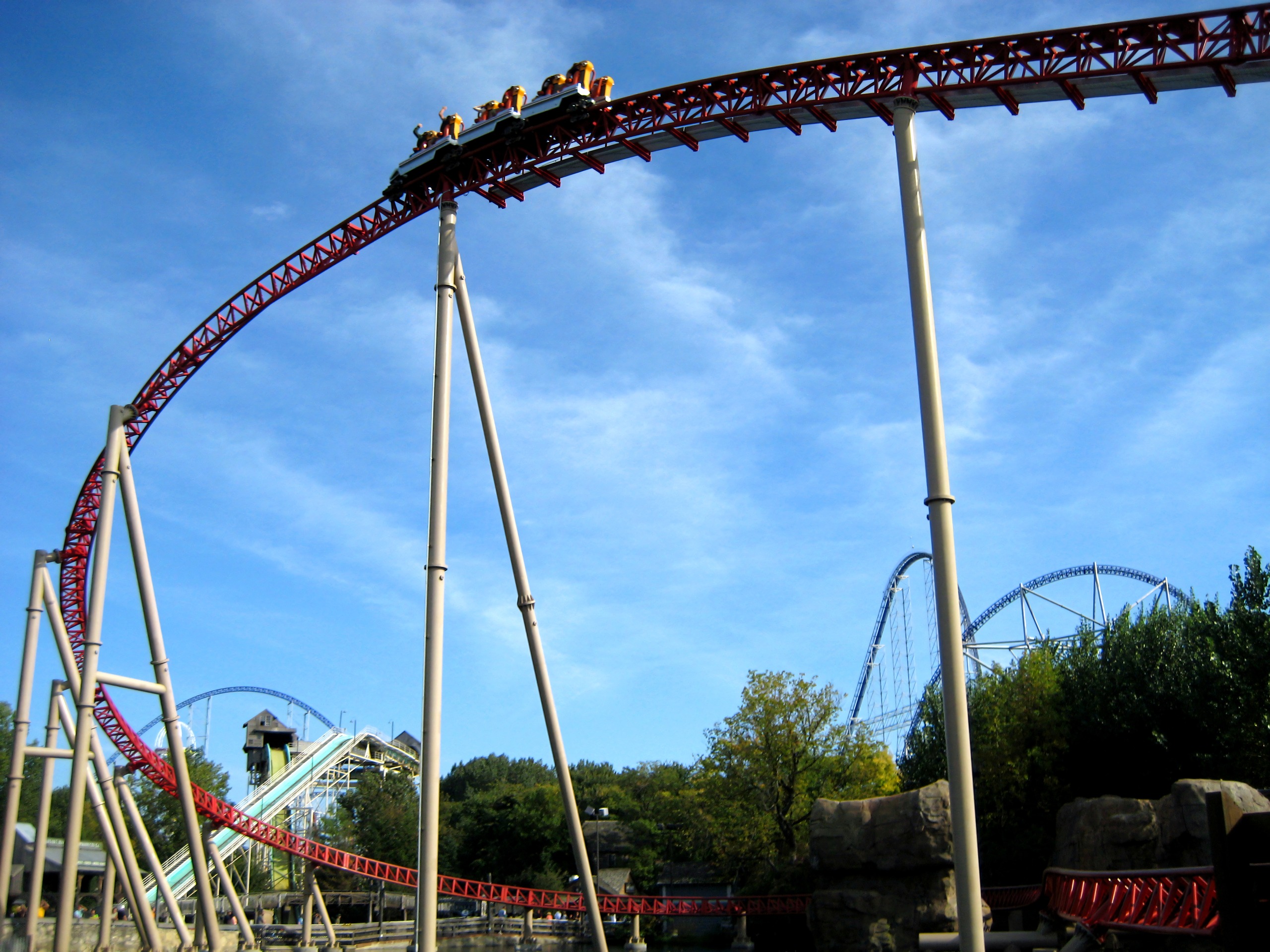 A Maverick train cresting a hill above the midway at Cedar Point, September 2007