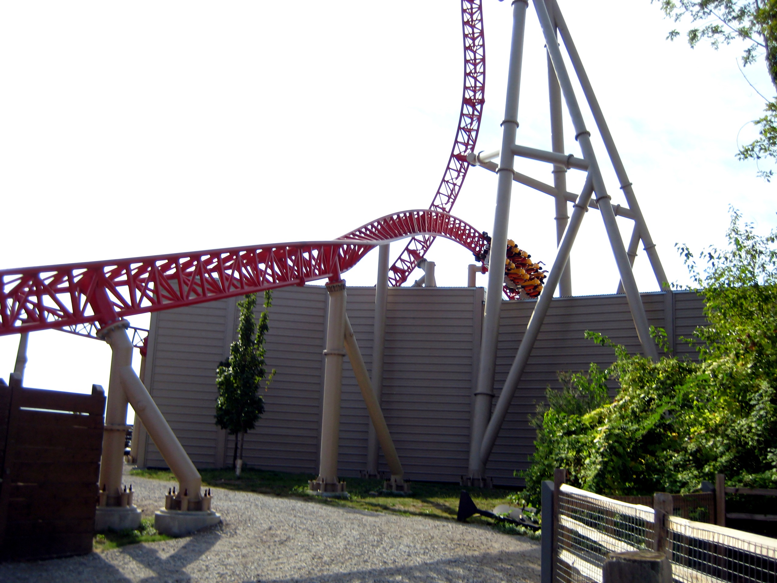 Maverick's twisted red track up close with riders aboard at Cedar Point, September 2007