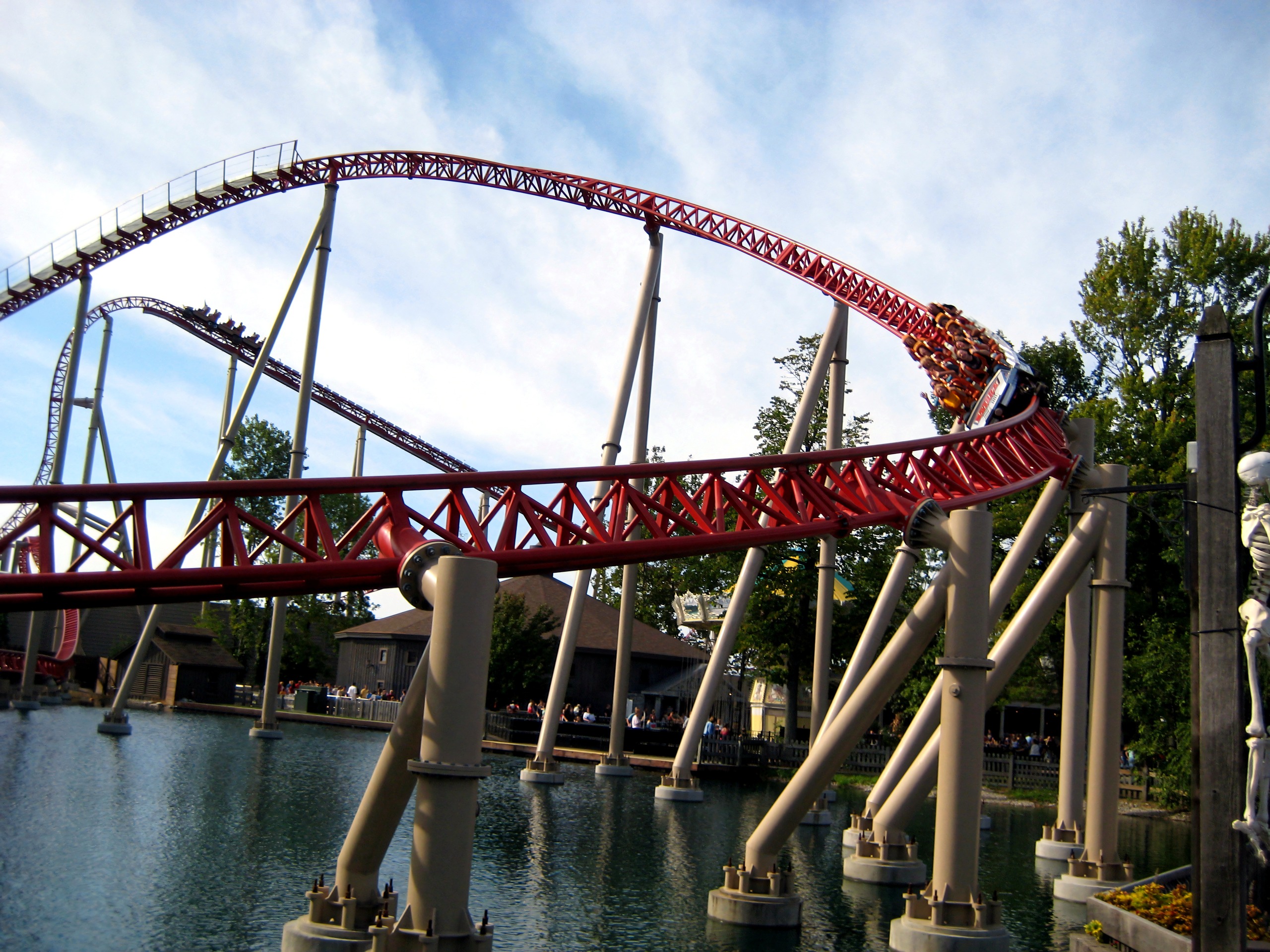 Two Maverick trains on the red track above the water at Cedar Point, September 2007