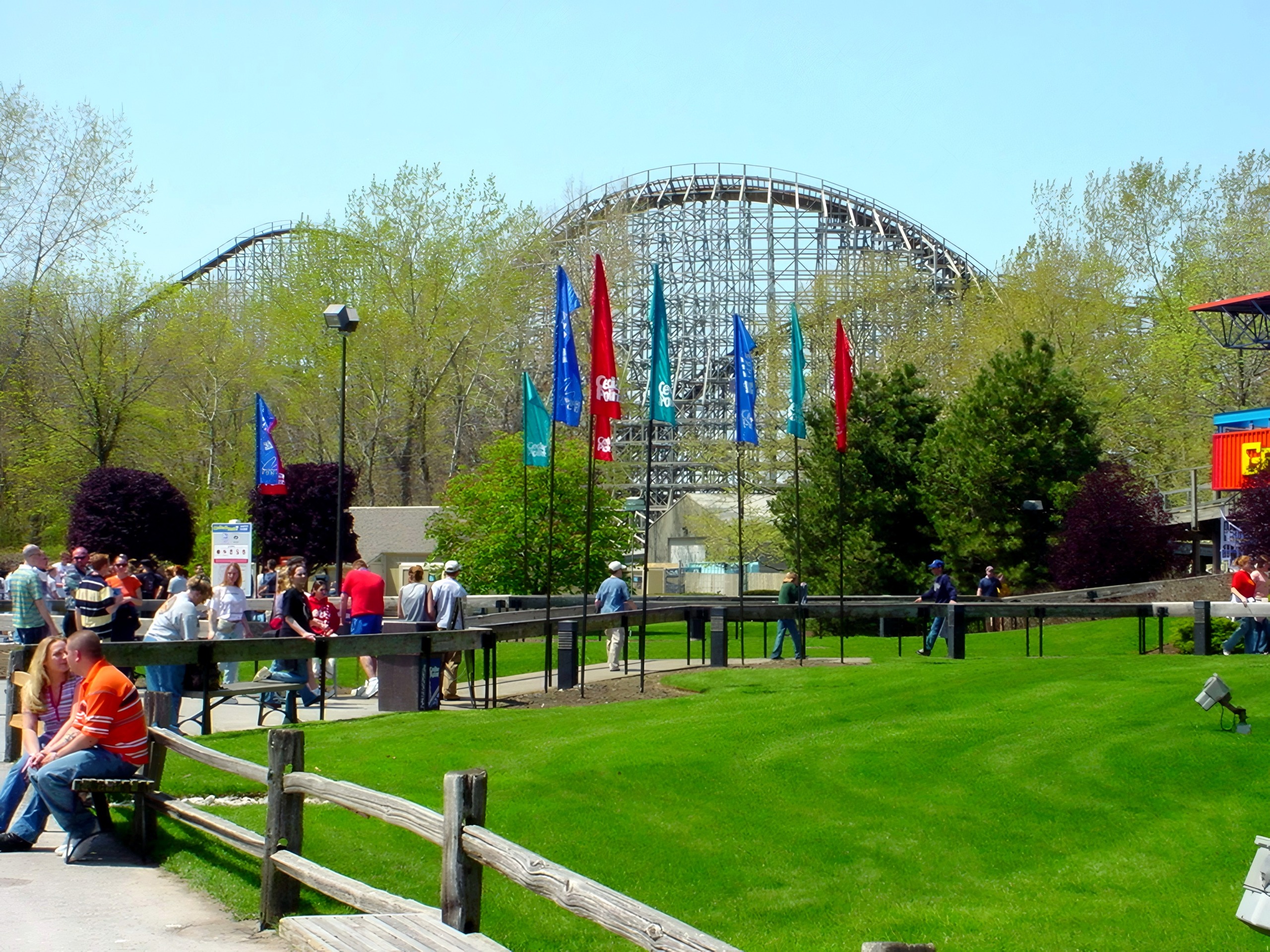 Mean Streak beyond the flags and picnic lawn at Cedar Point, May 2002