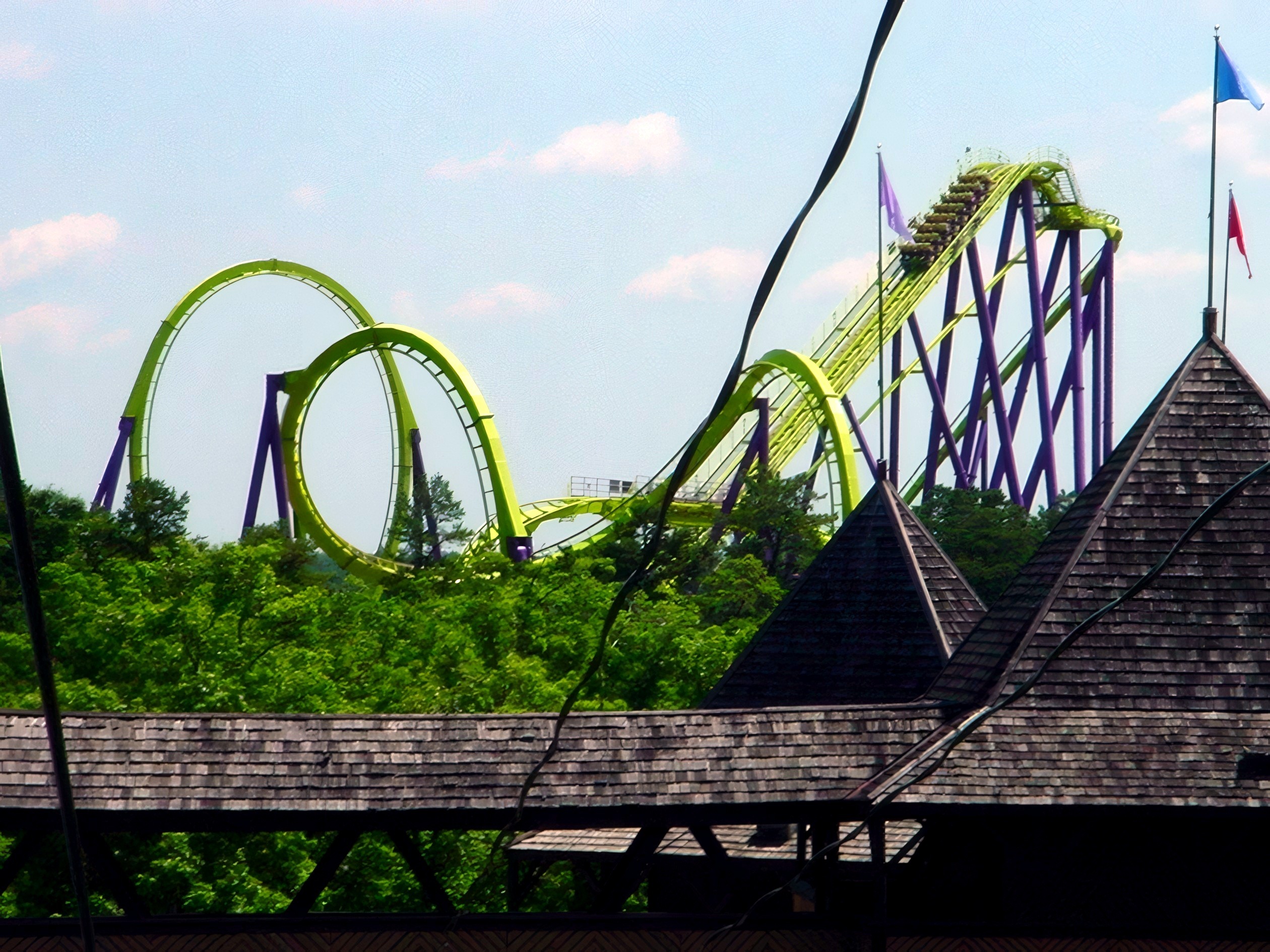 Medusa's loops above the rooftops at Six Flags Great Adventure, July 2001